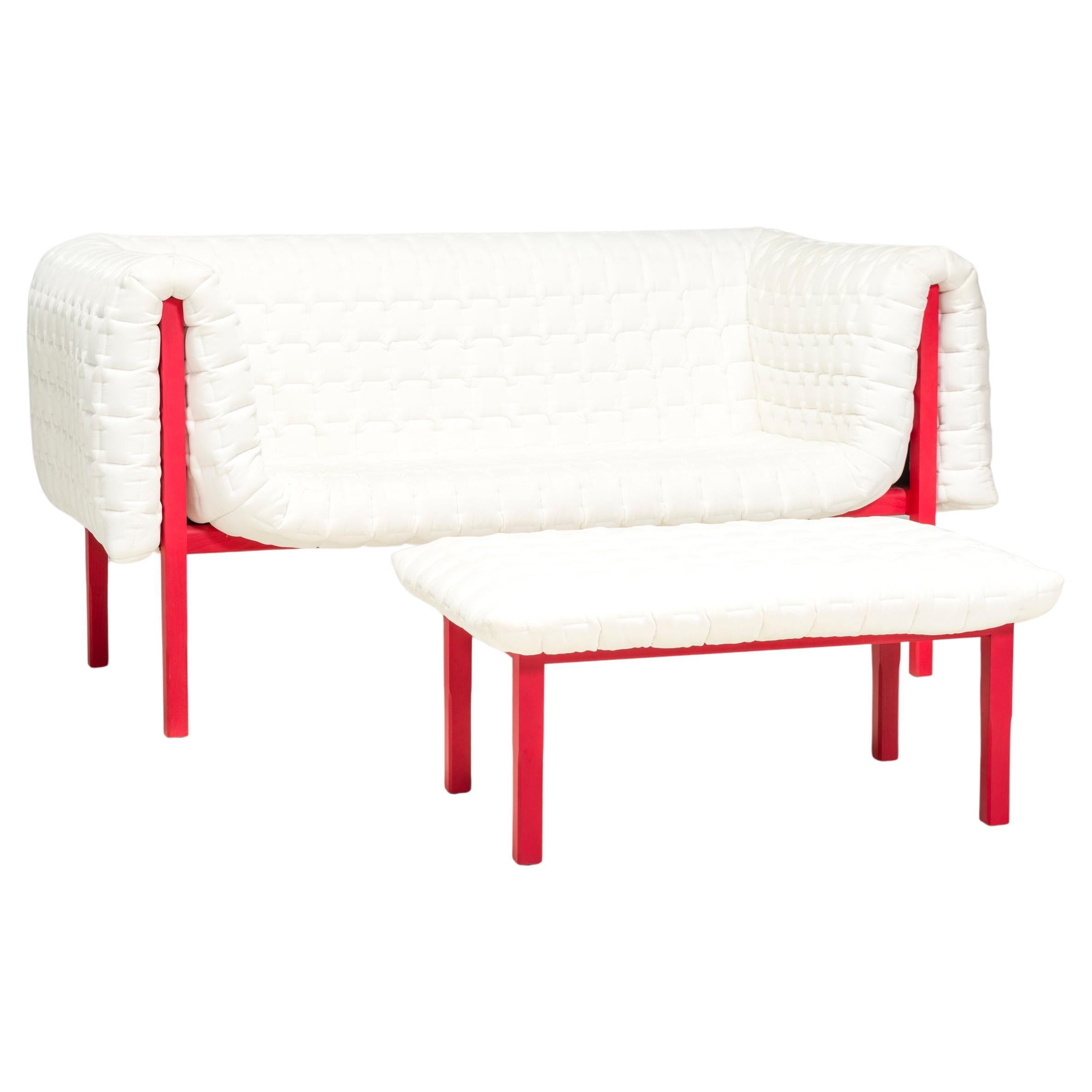 Ligne Roset by Inga Sempé Ruché White Velvet and Red Sofa & Footstool For Sale