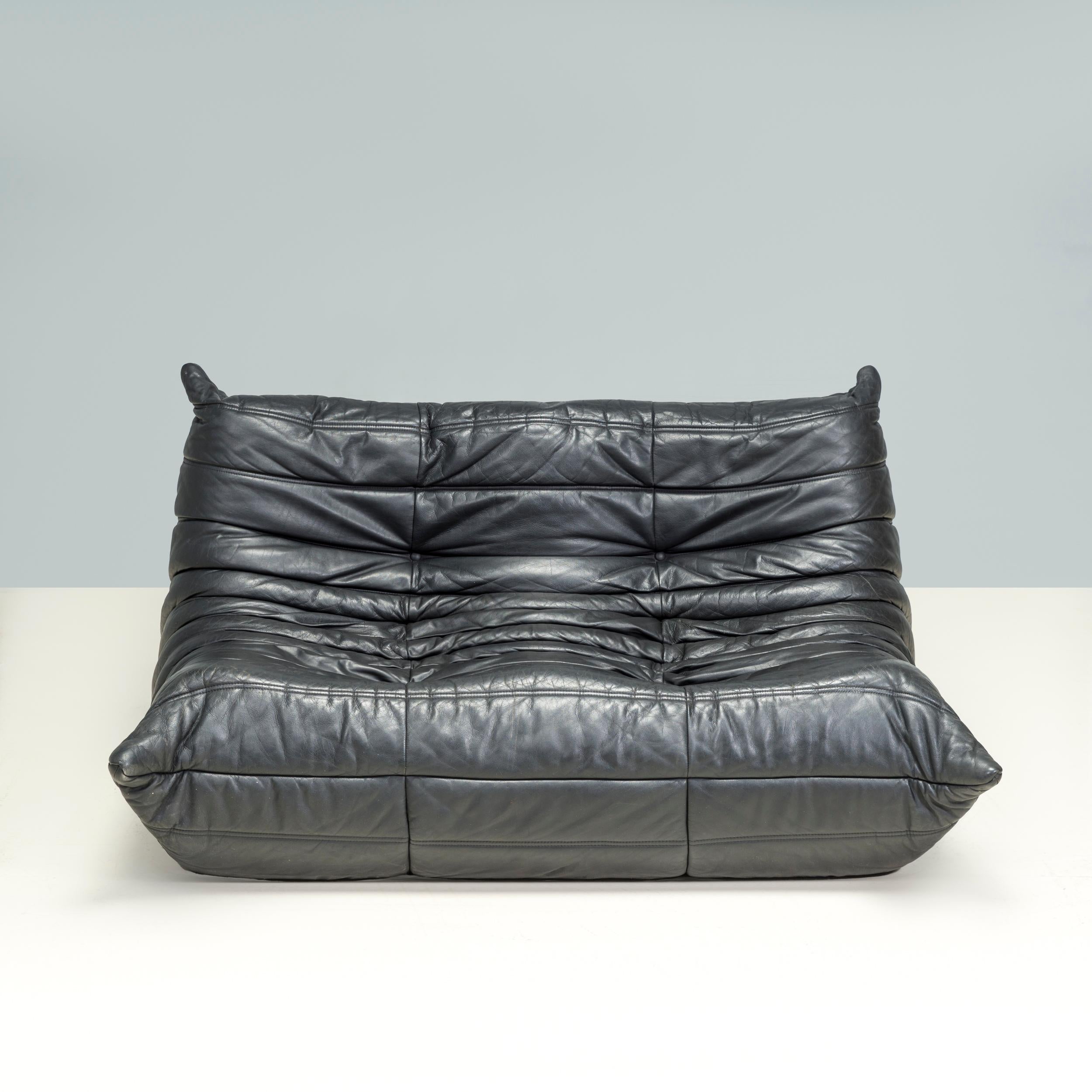 Ligne Roset by Michel Ducaroy Black Leather Togo Modular Sofa, Set of 3 6