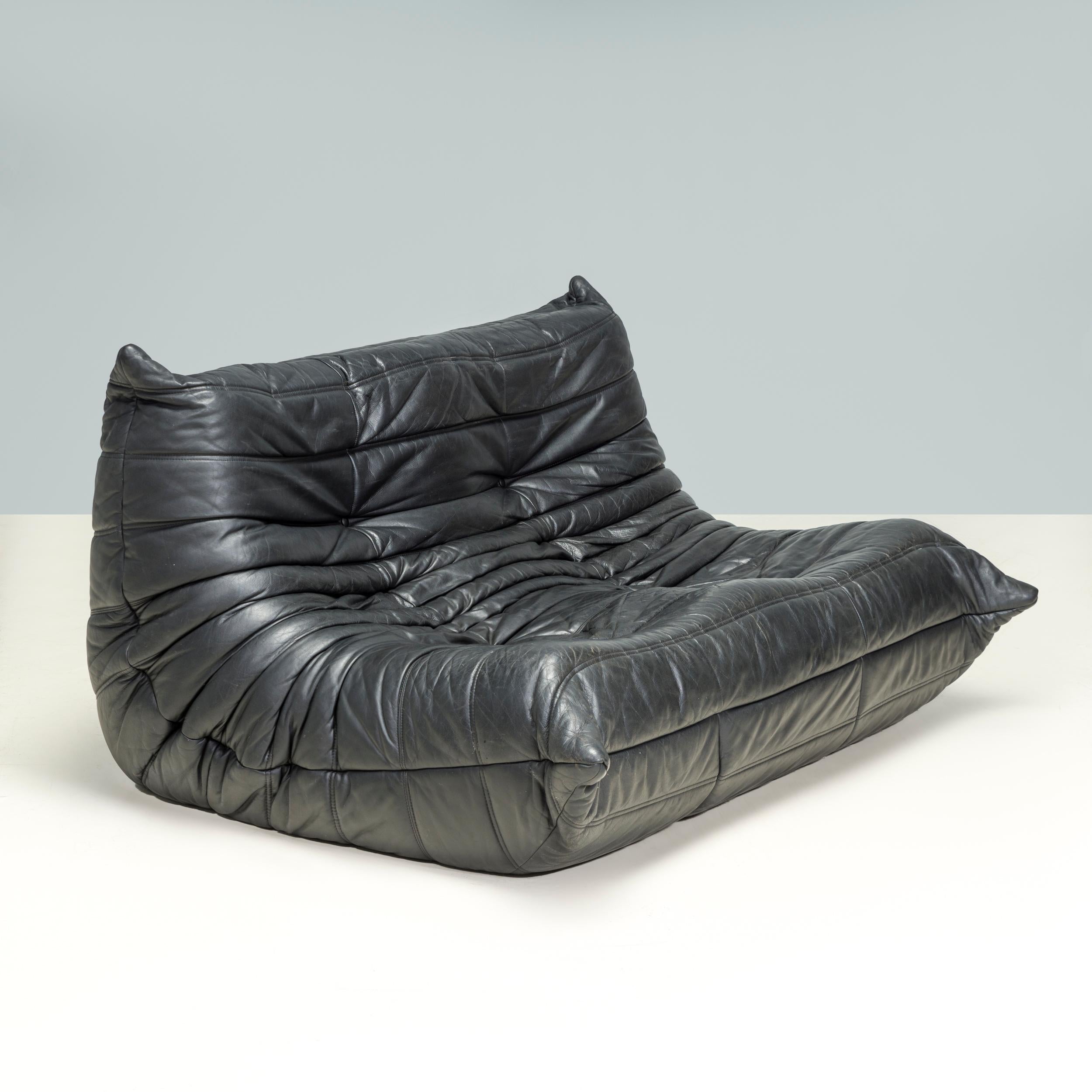Ligne Roset by Michel Ducaroy Black Leather Togo Modular Sofa, Set of 3 7