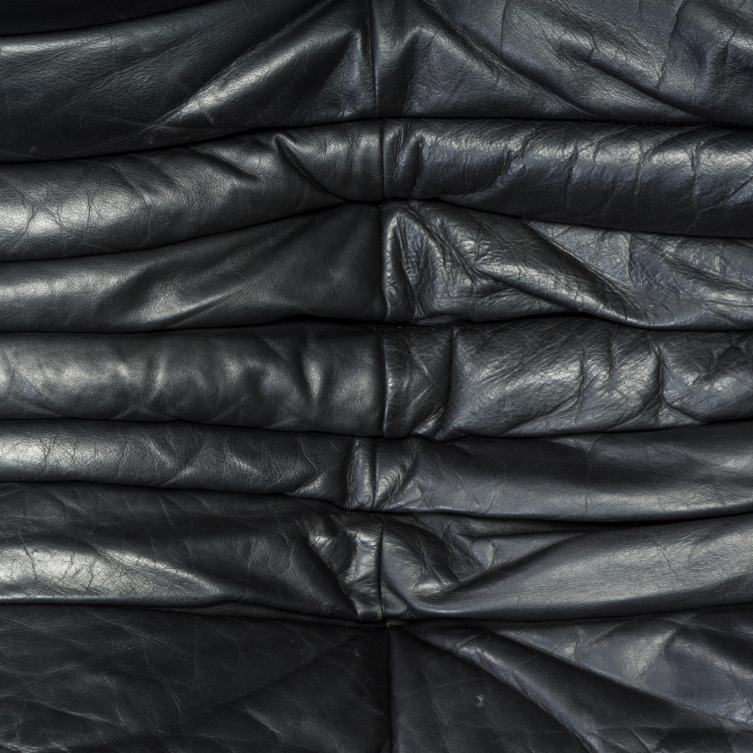 Ligne Roset by Michel Ducaroy Black Leather Togo Modular Sofa, Set of 3 10