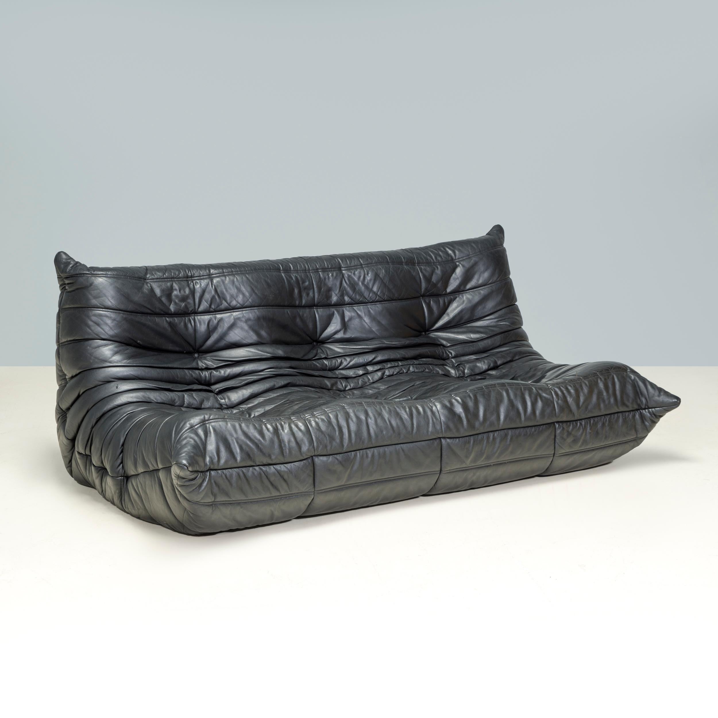 20th Century Ligne Roset by Michel Ducaroy Black Leather Togo Modular Sofa, Set of 3