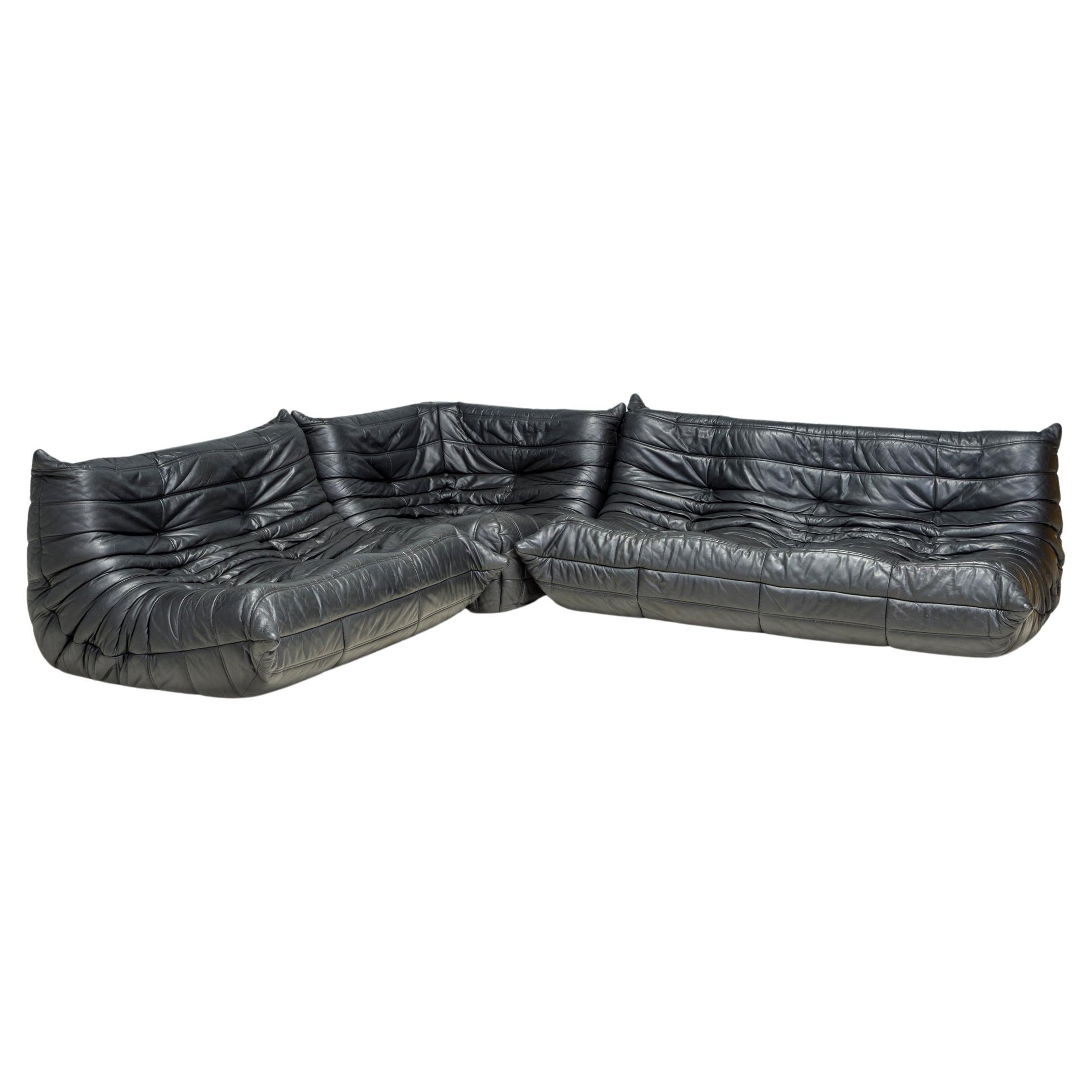 Ligne Roset by Michel Ducaroy Black Leather Togo Modular Sofa, Set of 3