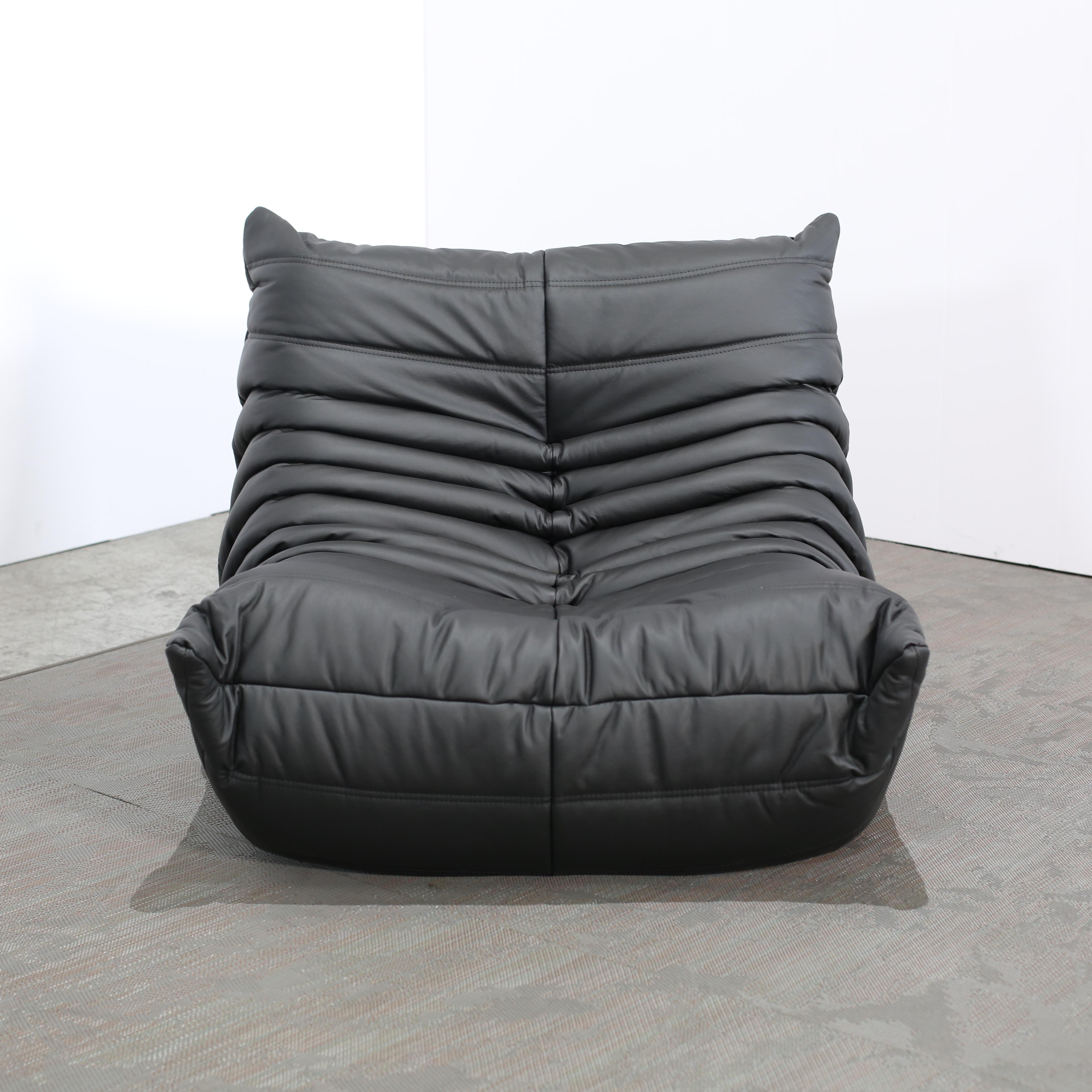 Mid-Century Modern Ligne Roset by Michel Ducaroy Black Leather Togo Modular Sofas, Set of Five For Sale