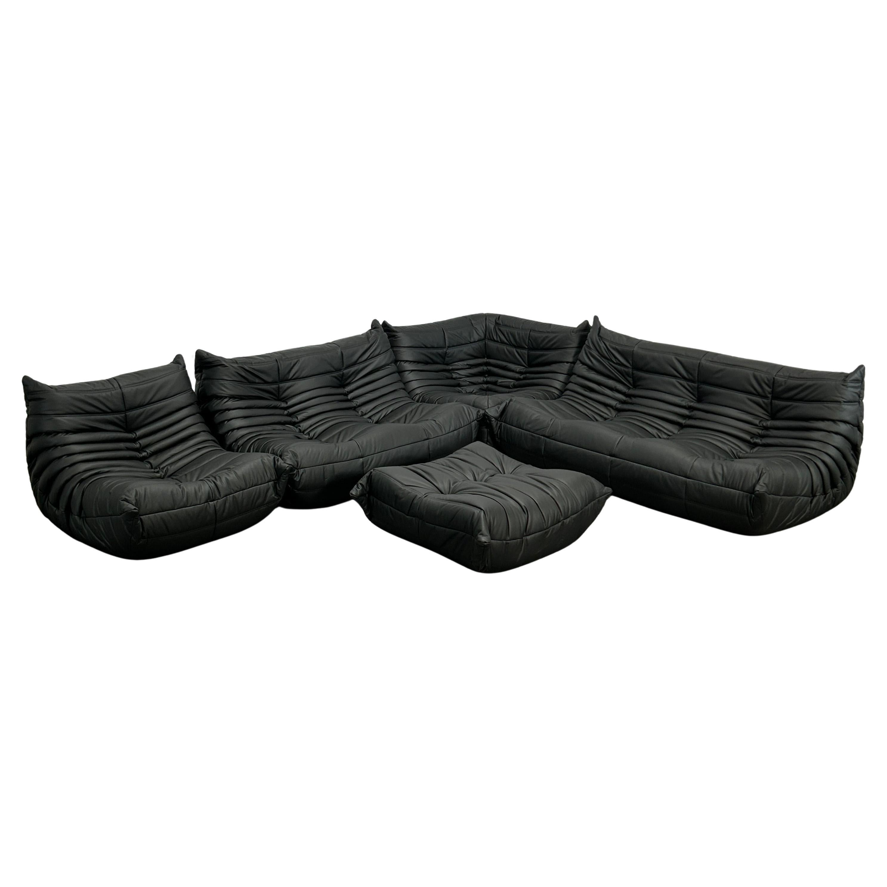 Ligne Roset by Michel Ducaroy Black Leather Togo Modular Sofas, Set of Five For Sale