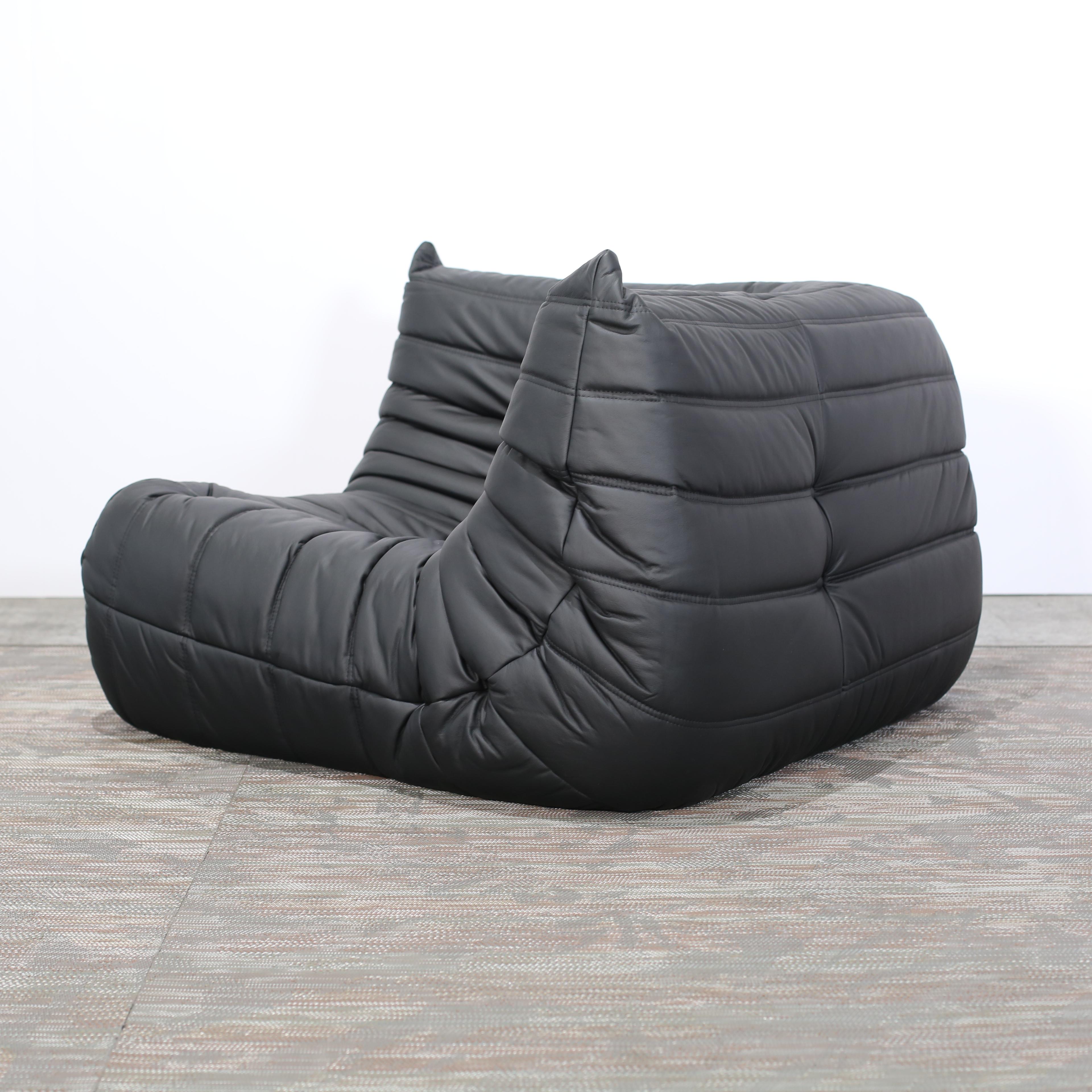 French Ligne Roset by Michel Ducaroy Black Leather Togo Modular Sofas, Set of Three For Sale