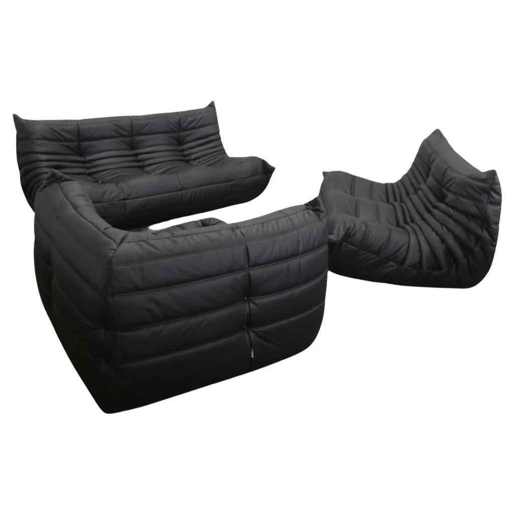 Ligne Roset by Michel Ducaroy Black Leather Togo Modular Sofas, Set of Three