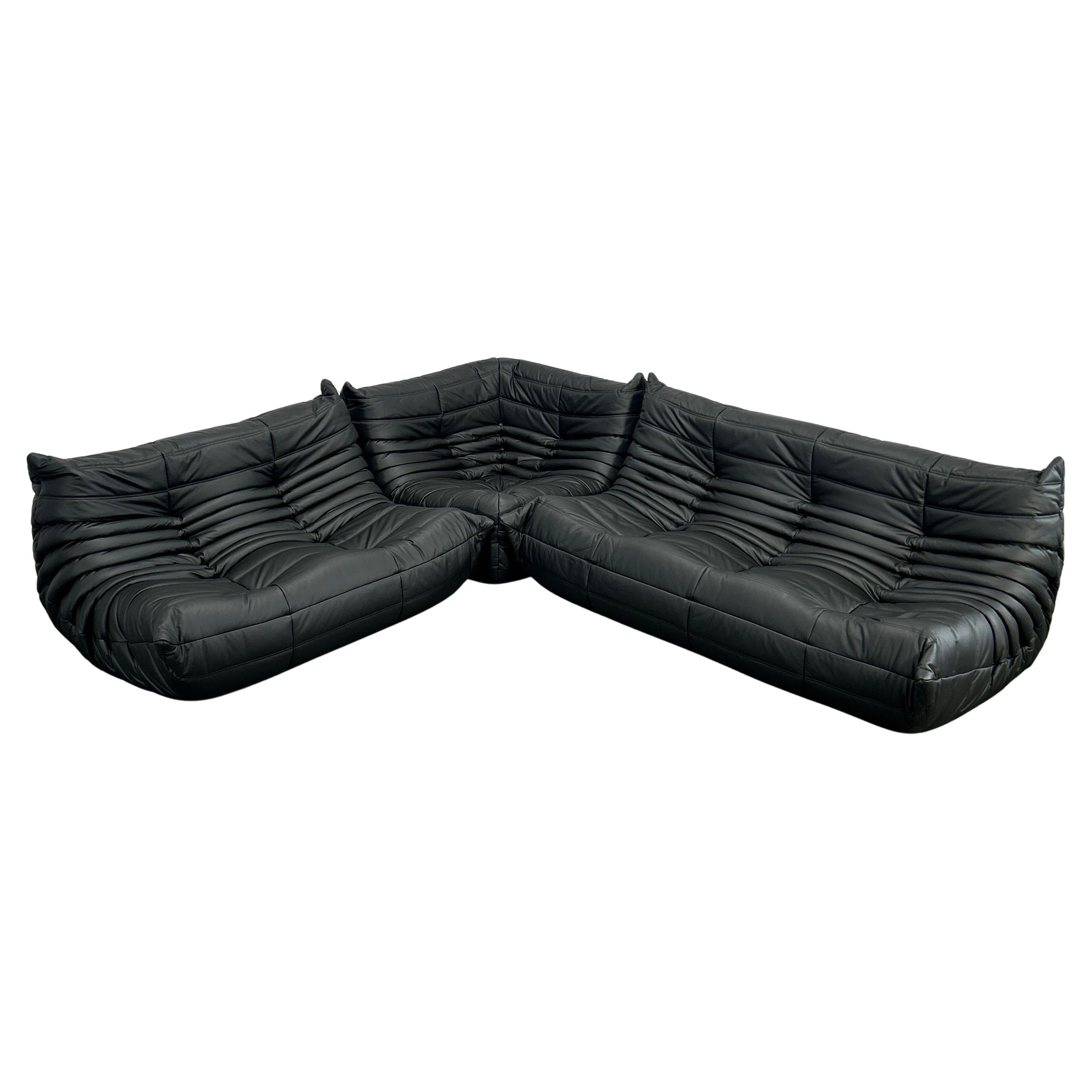 Ligne Roset by Michel Ducaroy Modulare Sofas aus schwarzem Leder Togo, Dreier-Set im Angebot