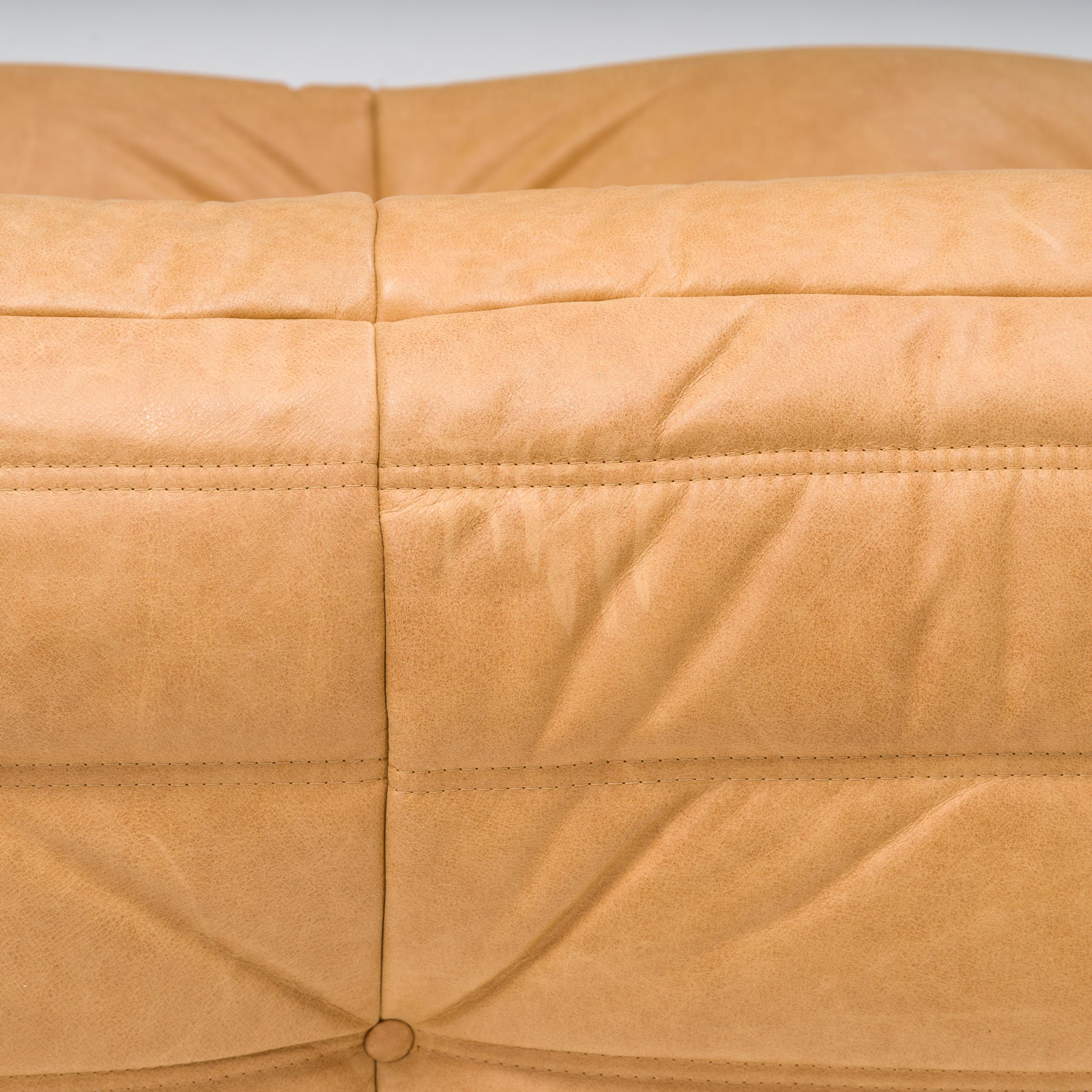 Late 20th Century Ligne Roset by Michel Ducaroy Camel Brown Leather Togo, Set of Three For Sale