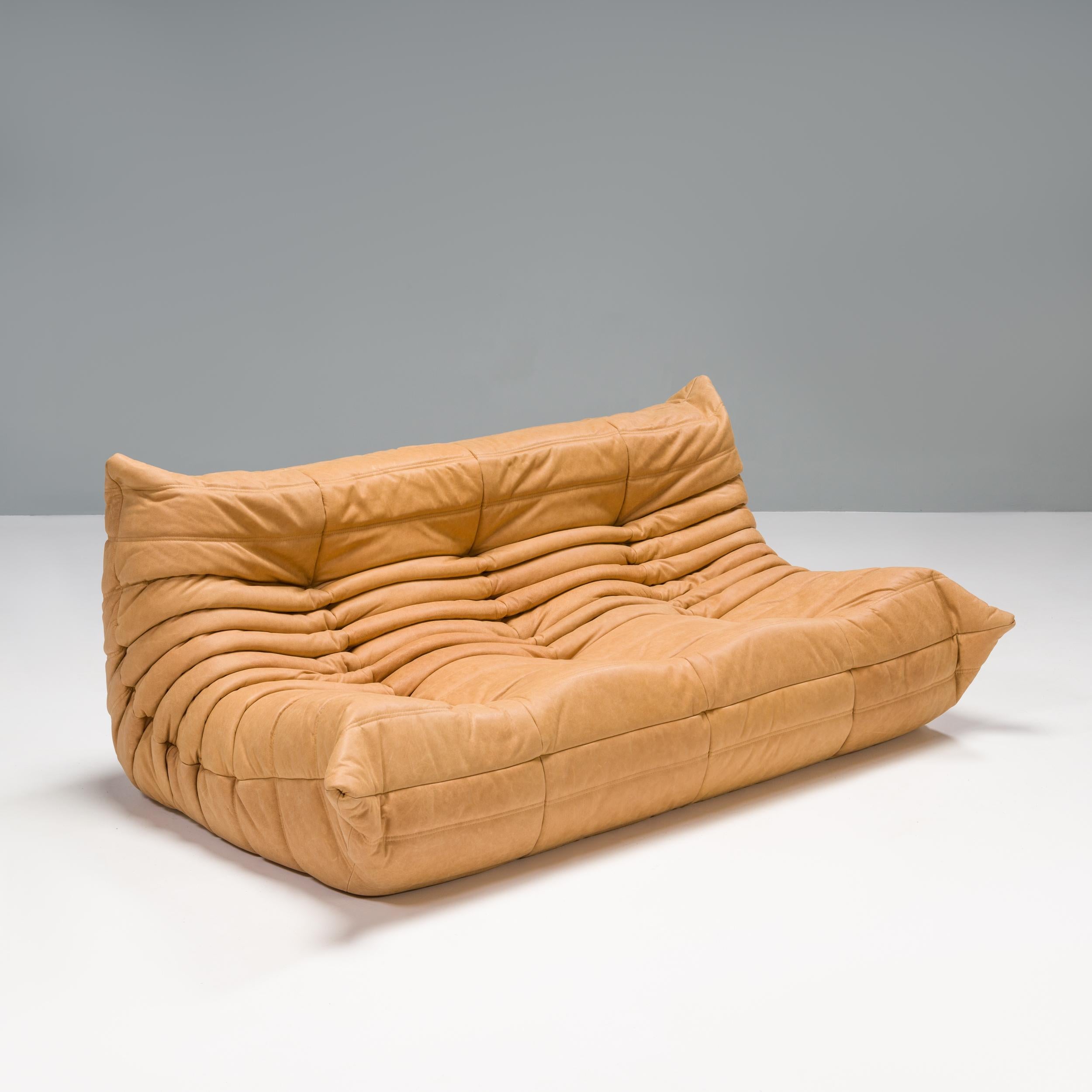 Ligne Roset by Michel Ducaroy Camel Brown Leather Togo, Set of Three For Sale 4
