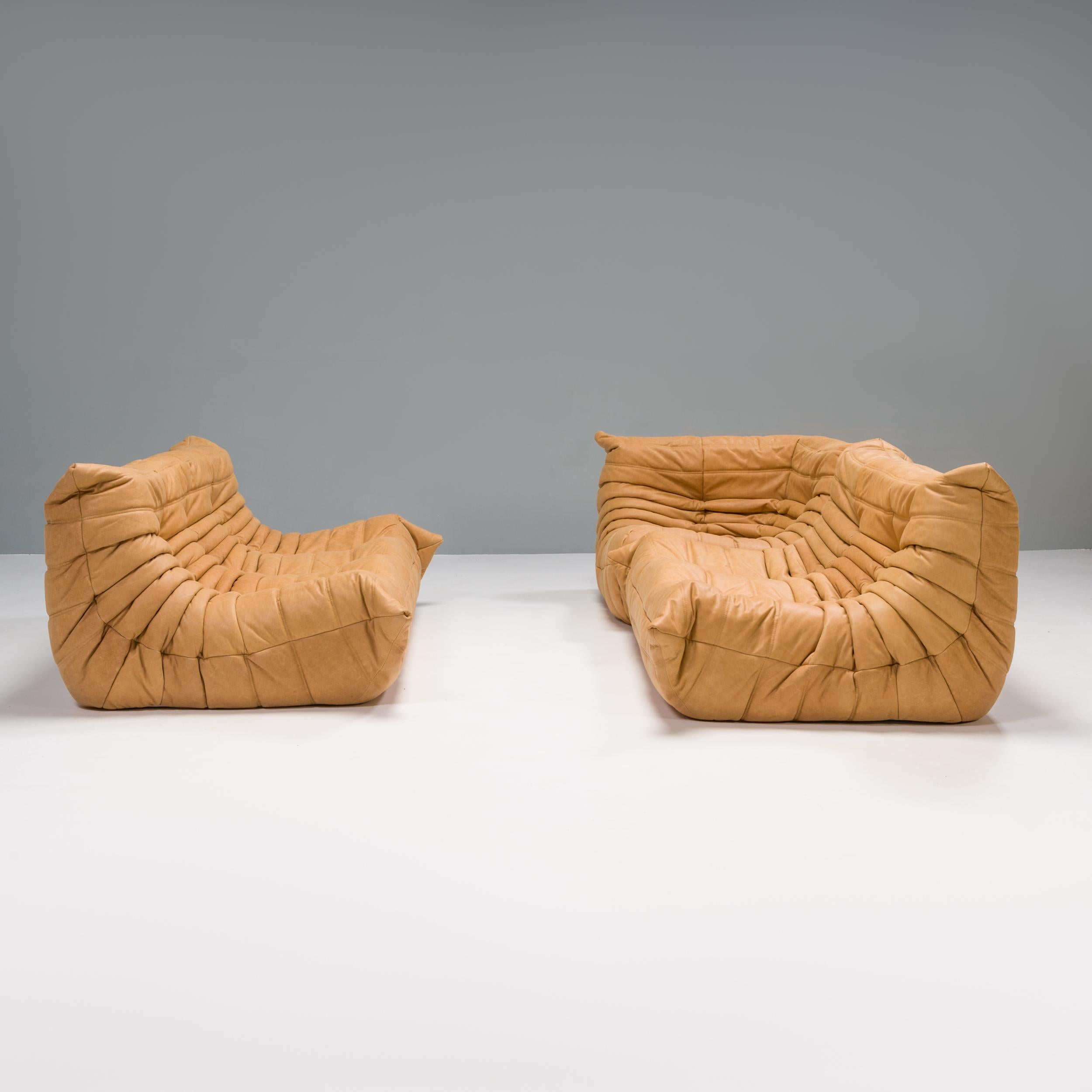 Mid-Century Modern Ligne Roset by Michel Ducaroy Camel Brown Leather Togo, Set of Three For Sale