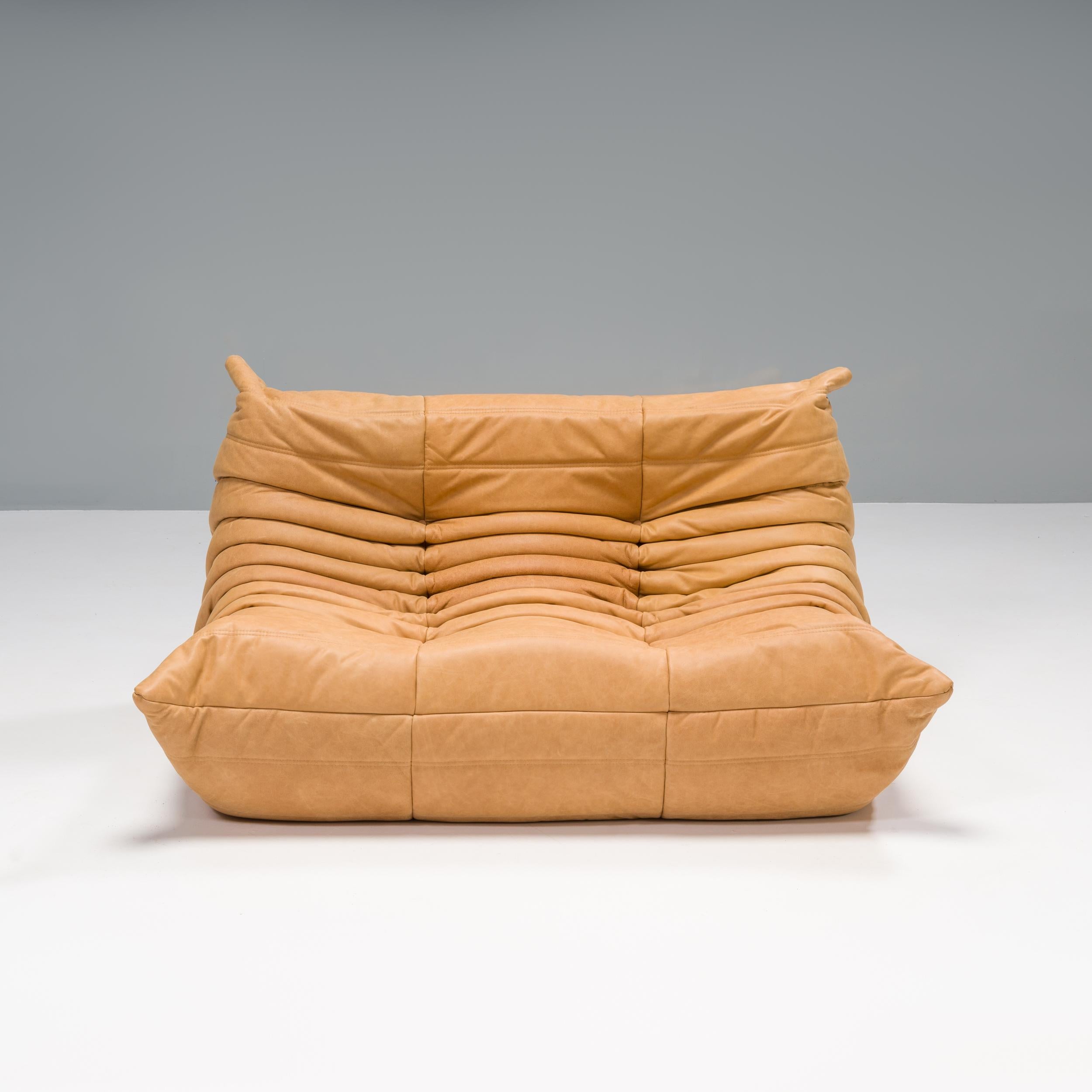French Ligne Roset by Michel Ducaroy Camel Brown Leather Togo, Set of Three For Sale
