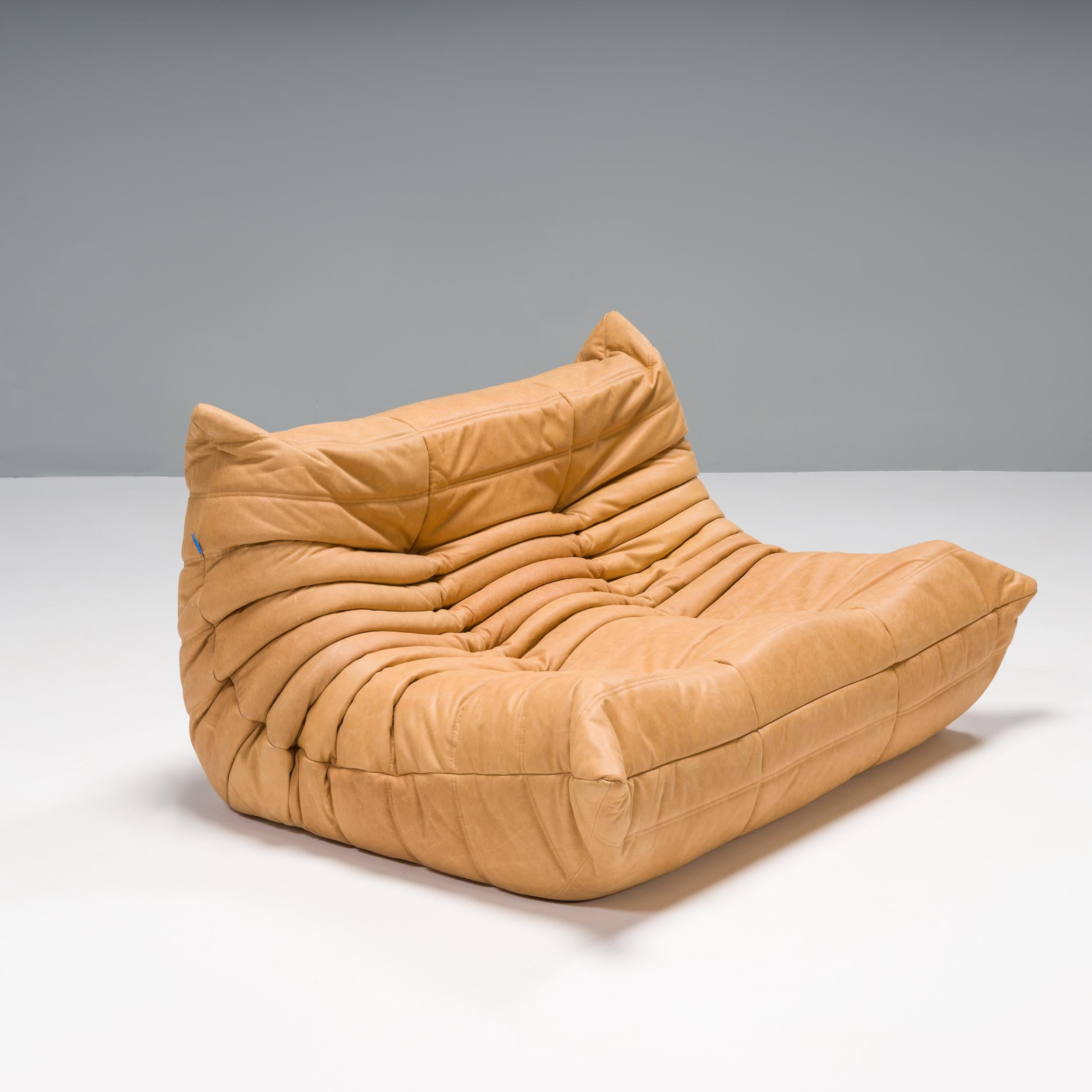 Ligne Roset by Michel Ducaroy Camel Brown Leather Togo, Set of Three In Good Condition For Sale In Basildon, London
