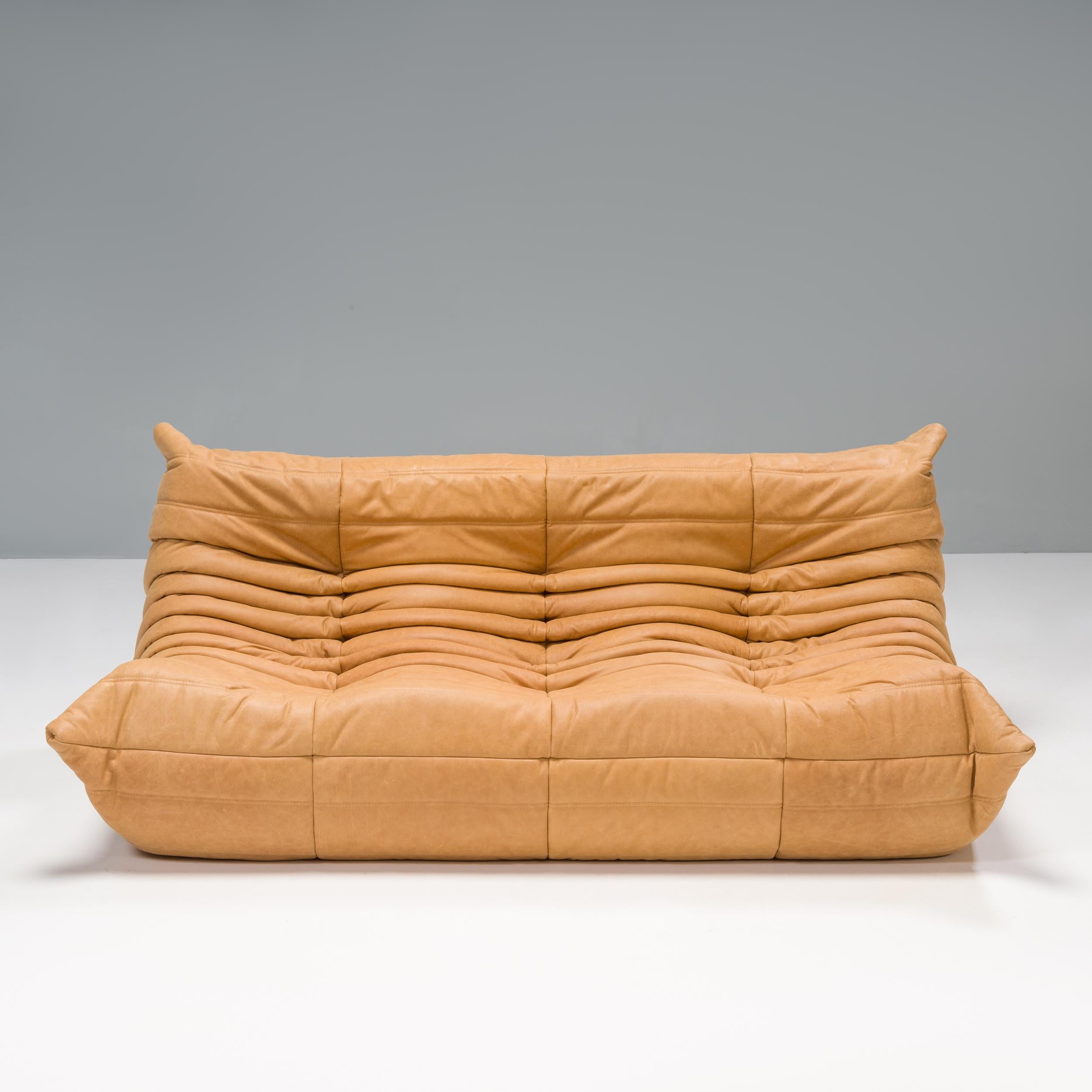 Mid-Century Modern Ligne Roset by Michel Ducaroy Camel Brown Leather Togo, Set of Three For Sale