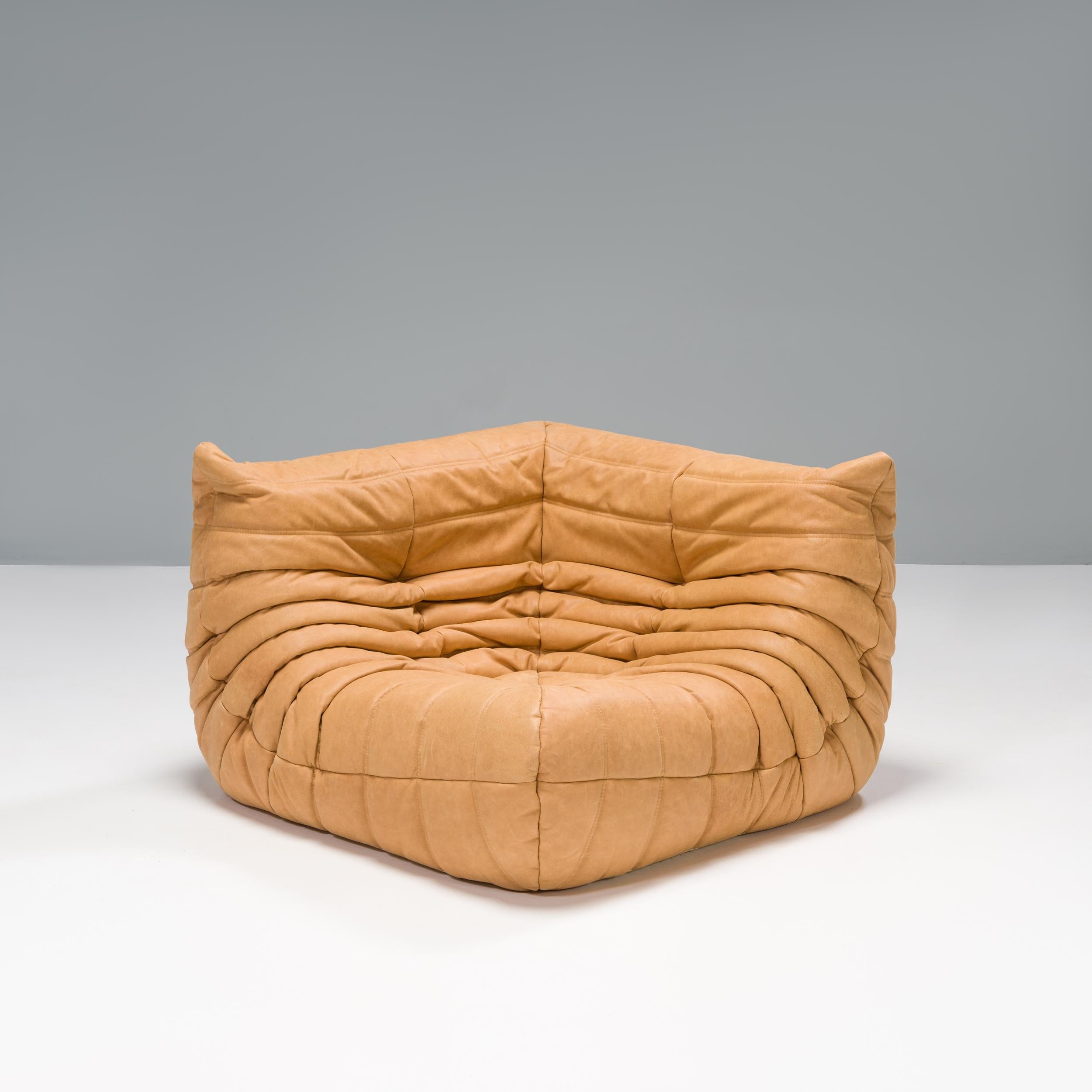 Late 20th Century Ligne Roset by Michel Ducaroy Camel Brown Leather Togo, Set of Three For Sale