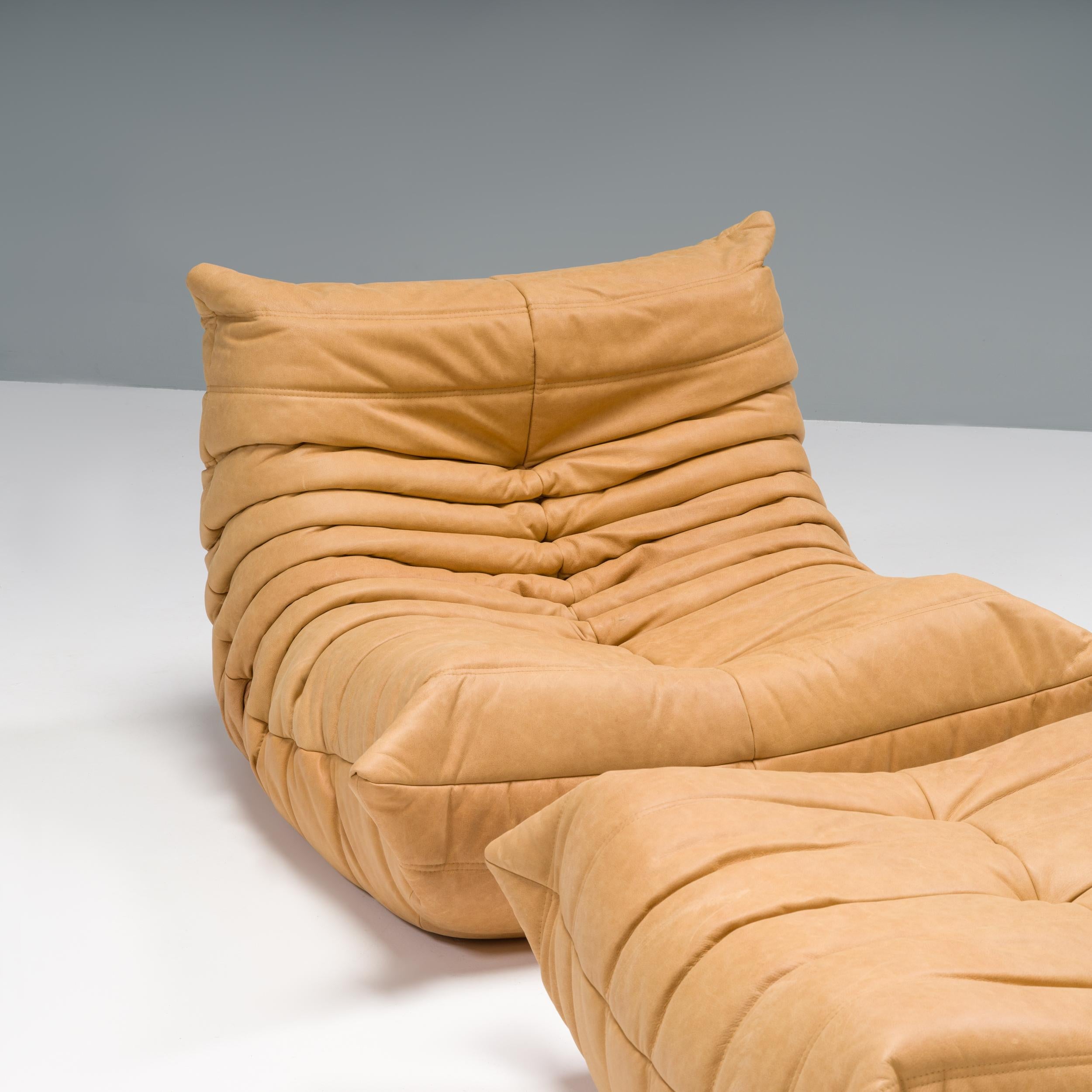 Mid-Century Modern Ligne Roset by Michel Ducaroy Togo en cuir Brown Camel, set de deux en vente