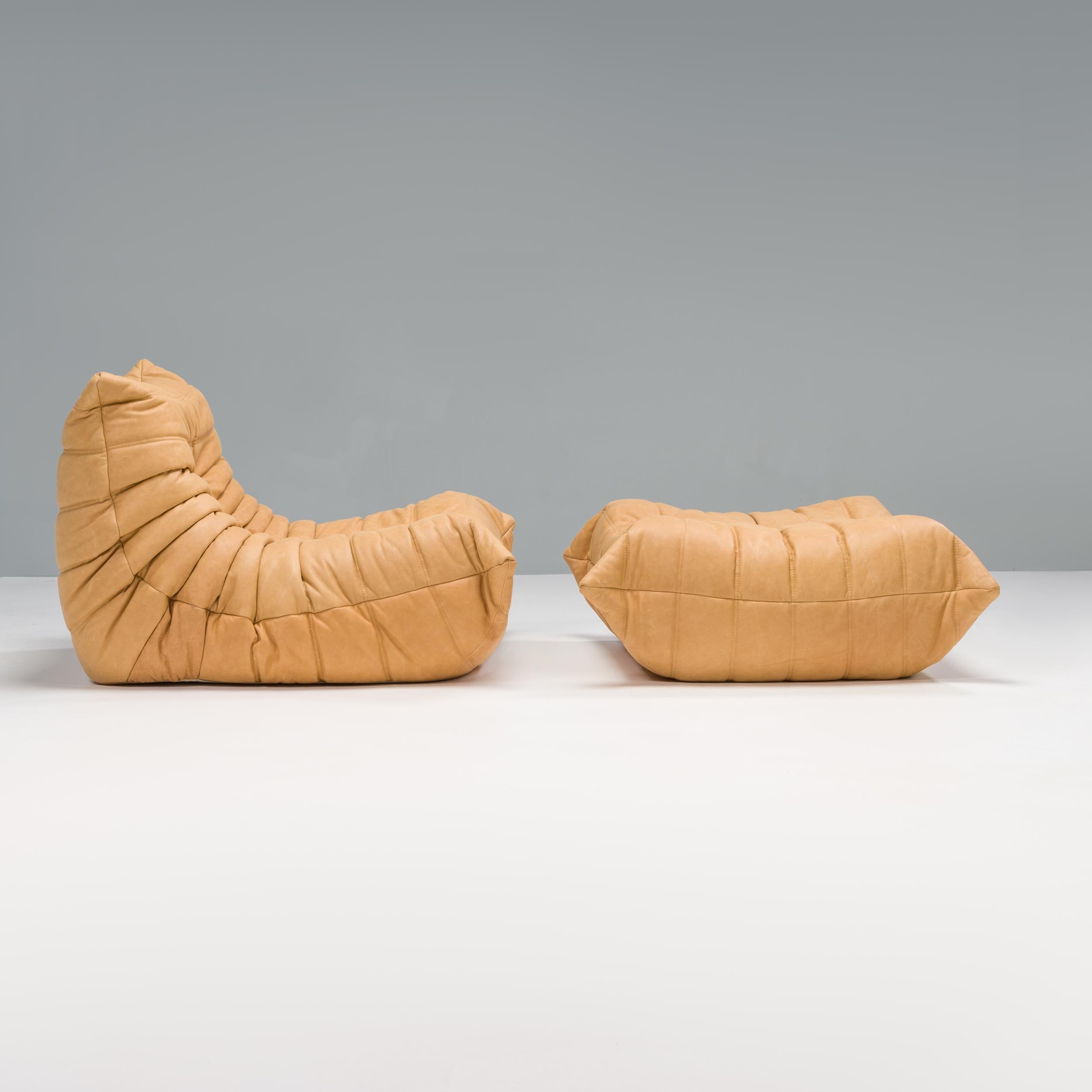 Fin du 20e siècle Ligne Roset by Michel Ducaroy Togo en cuir Brown Camel, set de deux en vente