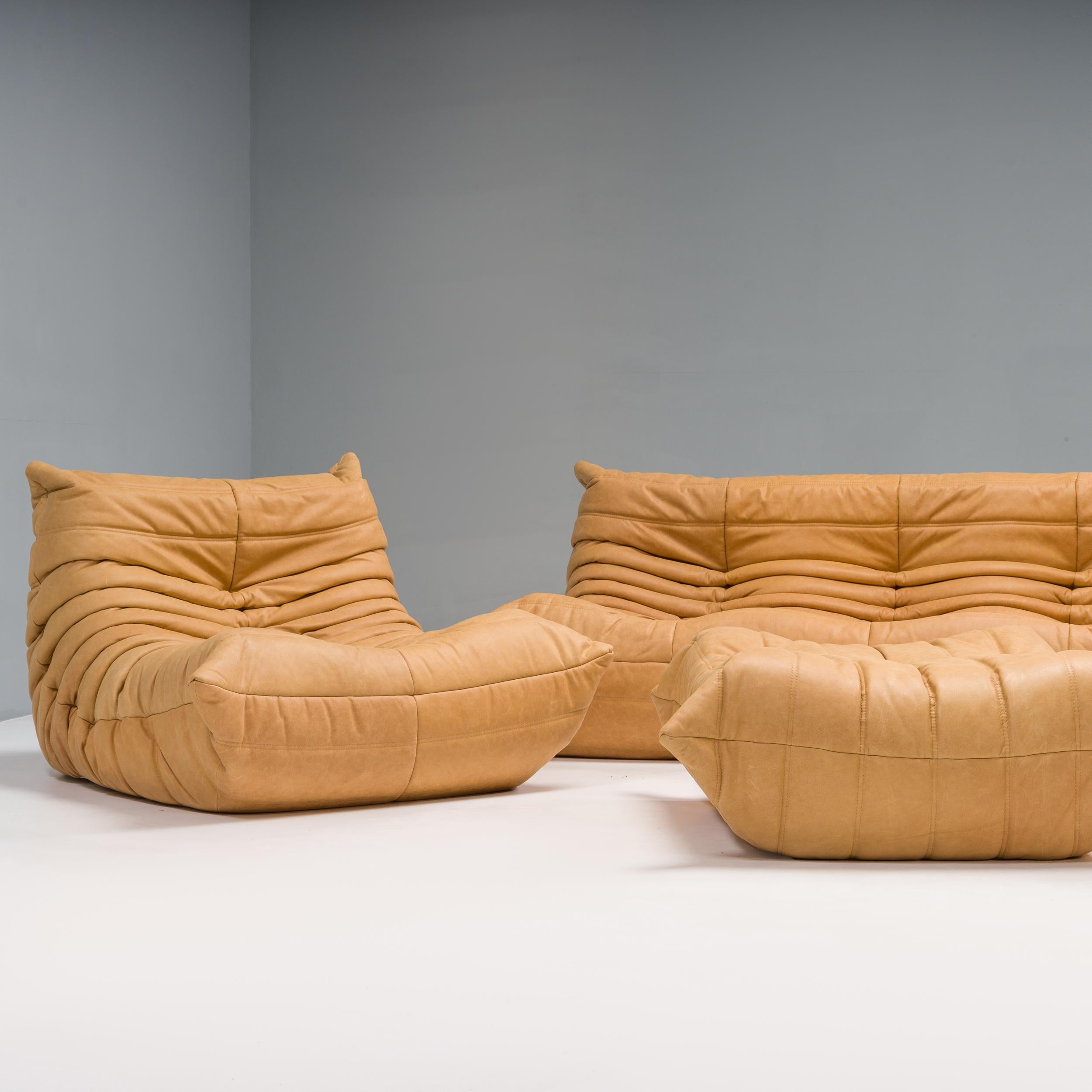 Mid-Century Modern Ligne Roset by Michel Ducaroy Camel Brown Leather Togo Sofas, Set of Five For Sale