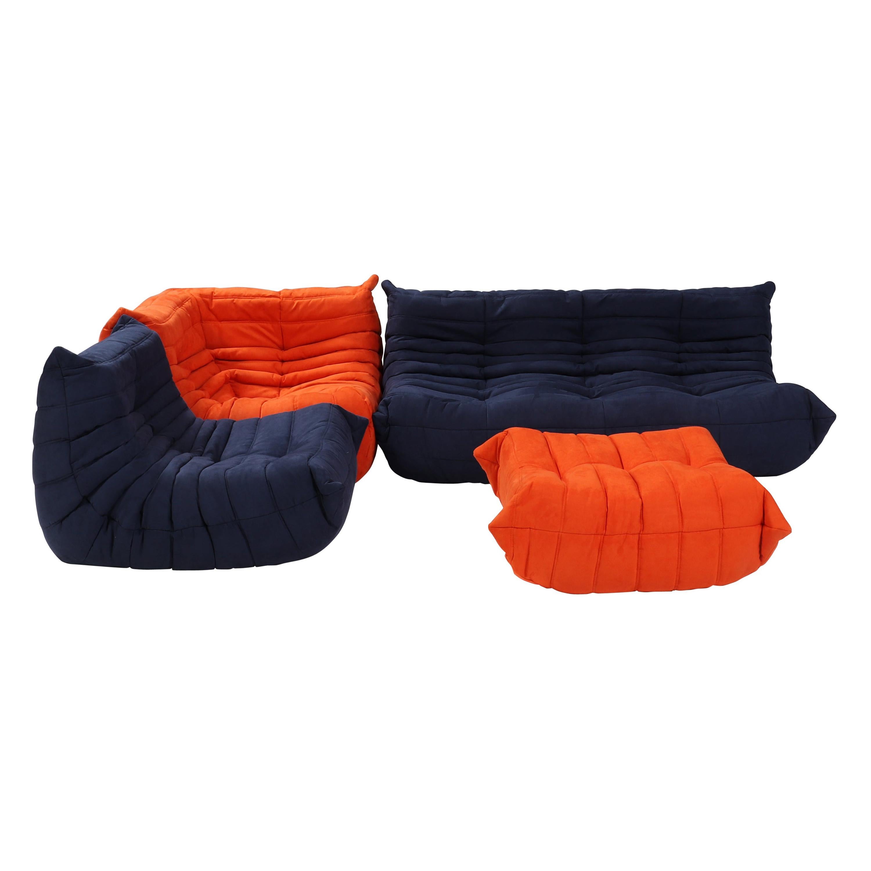 Ligne Roset by Michel Ducaroy Togo Blue and Orange Modular Sofa Set of 4