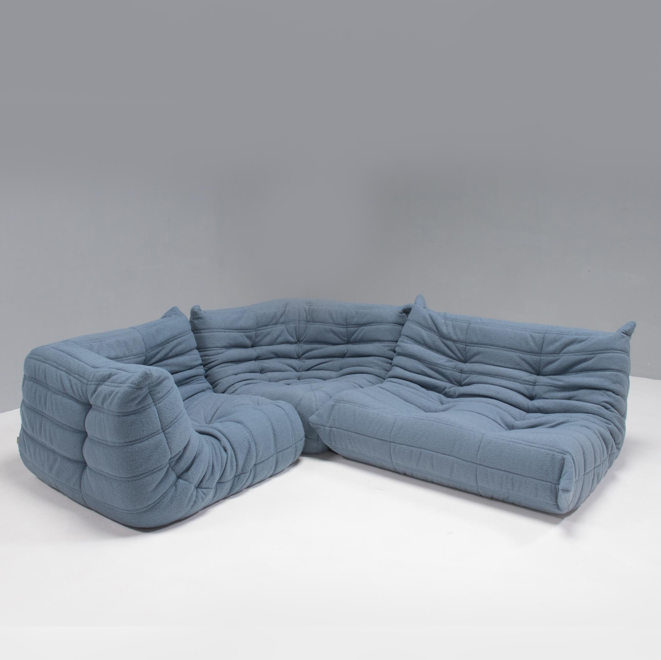 French Ligne Roset by Michel Ducaroy Togo Blue Bouclé Set of Three Sectional Sofas