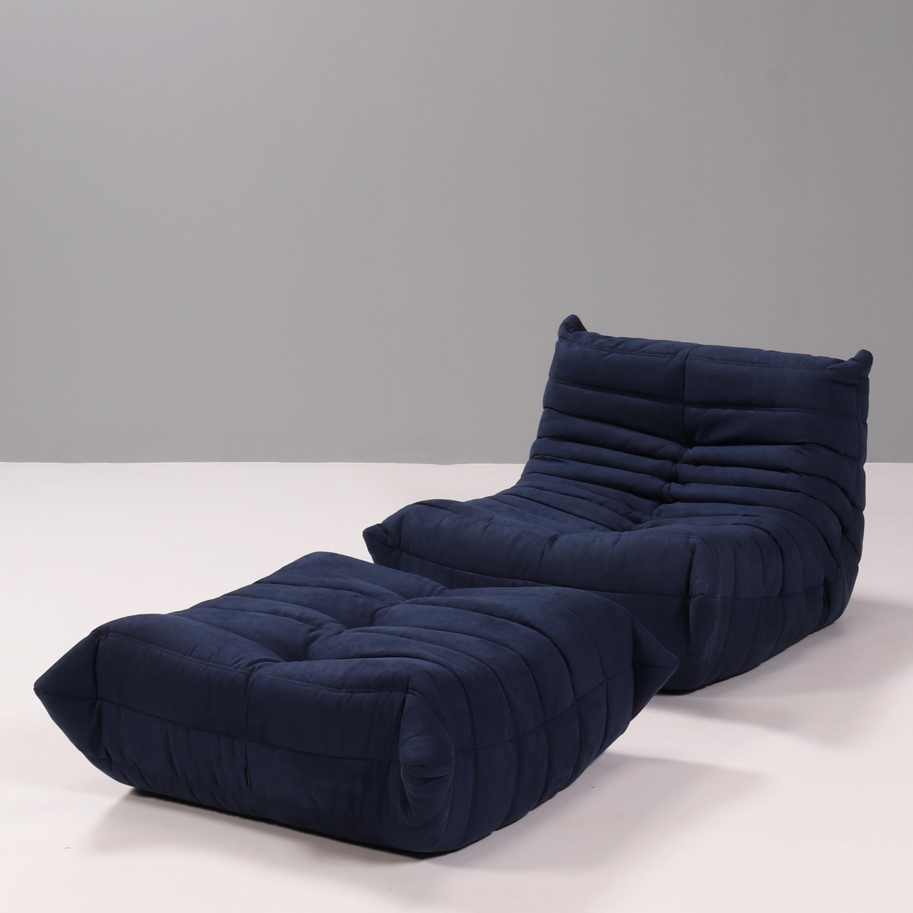 Late 20th Century Ligne Roset Dark Blue Togo Modular Sofa and Footstool, Set of Five For Sale