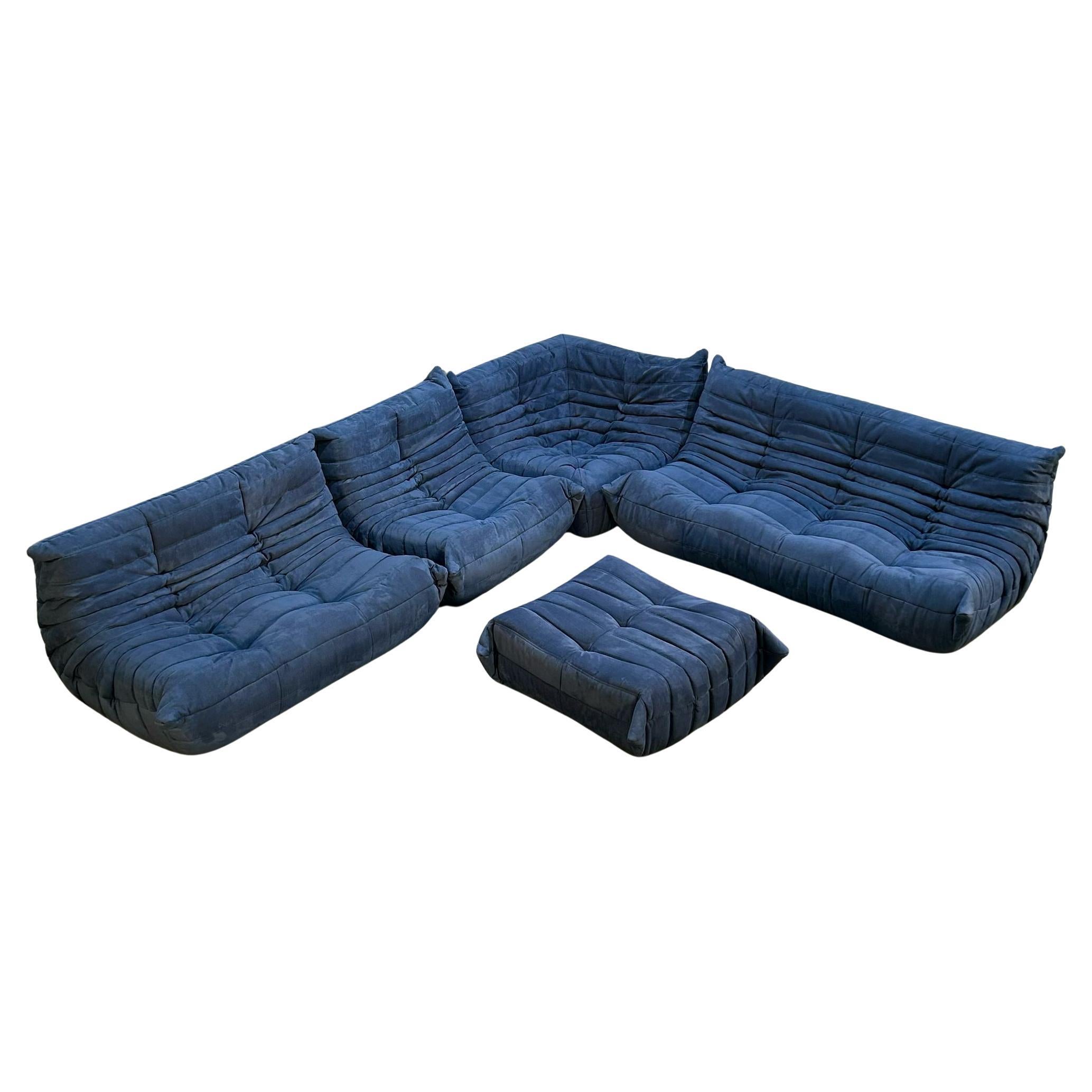 Ligne Roset by Michel Ducaroy Togo Blue Modular Sofa and Footstool, Set of Five For Sale