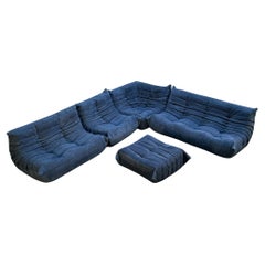 Used Ligne Roset by Michel Ducaroy Togo Blue Modular Sofa and Footstool, Set of Five