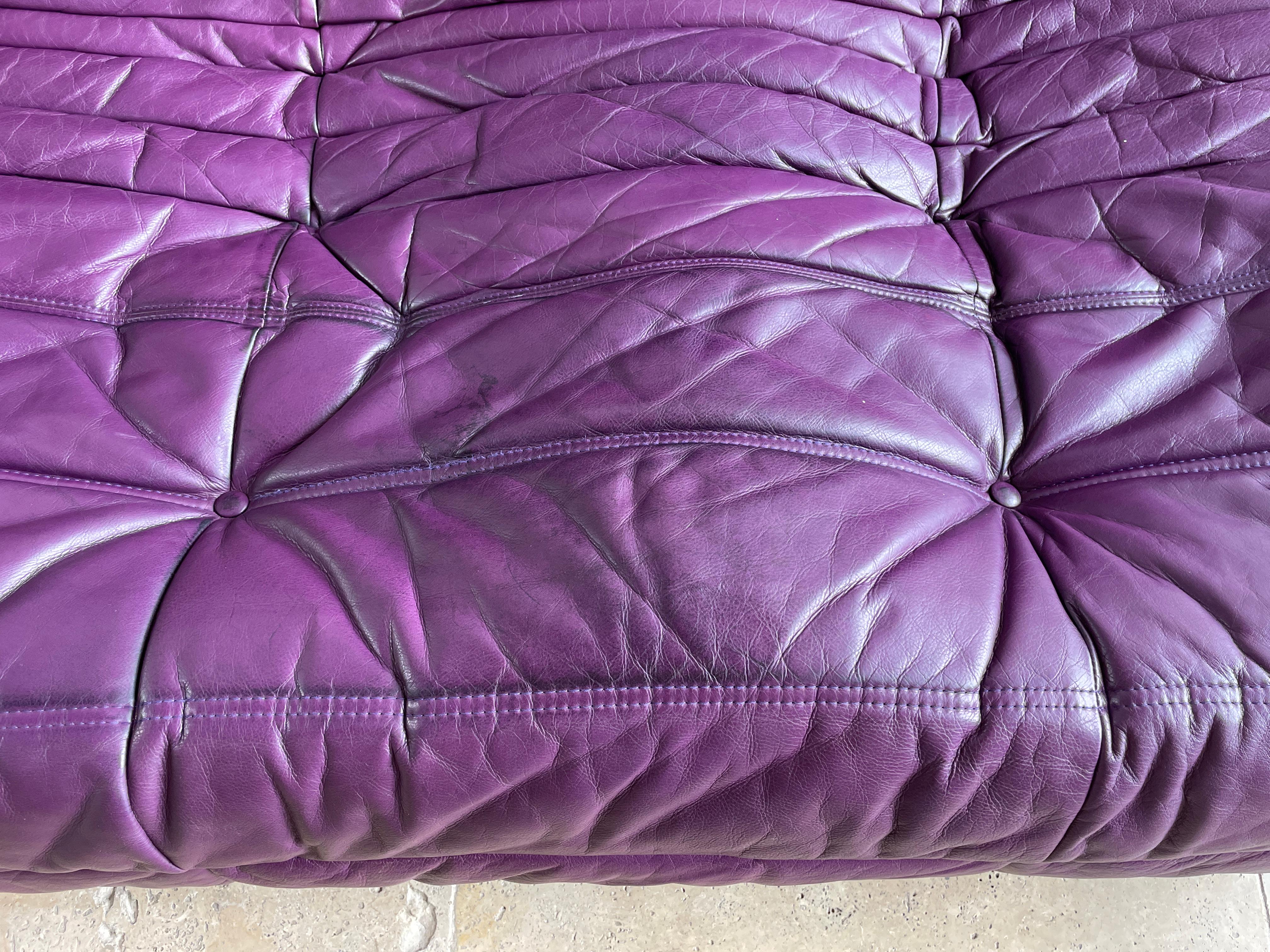 Contemporary Ligne Roset by Michel Ducaroy Togo Burgundy Leather Modular Sofa Set of 2