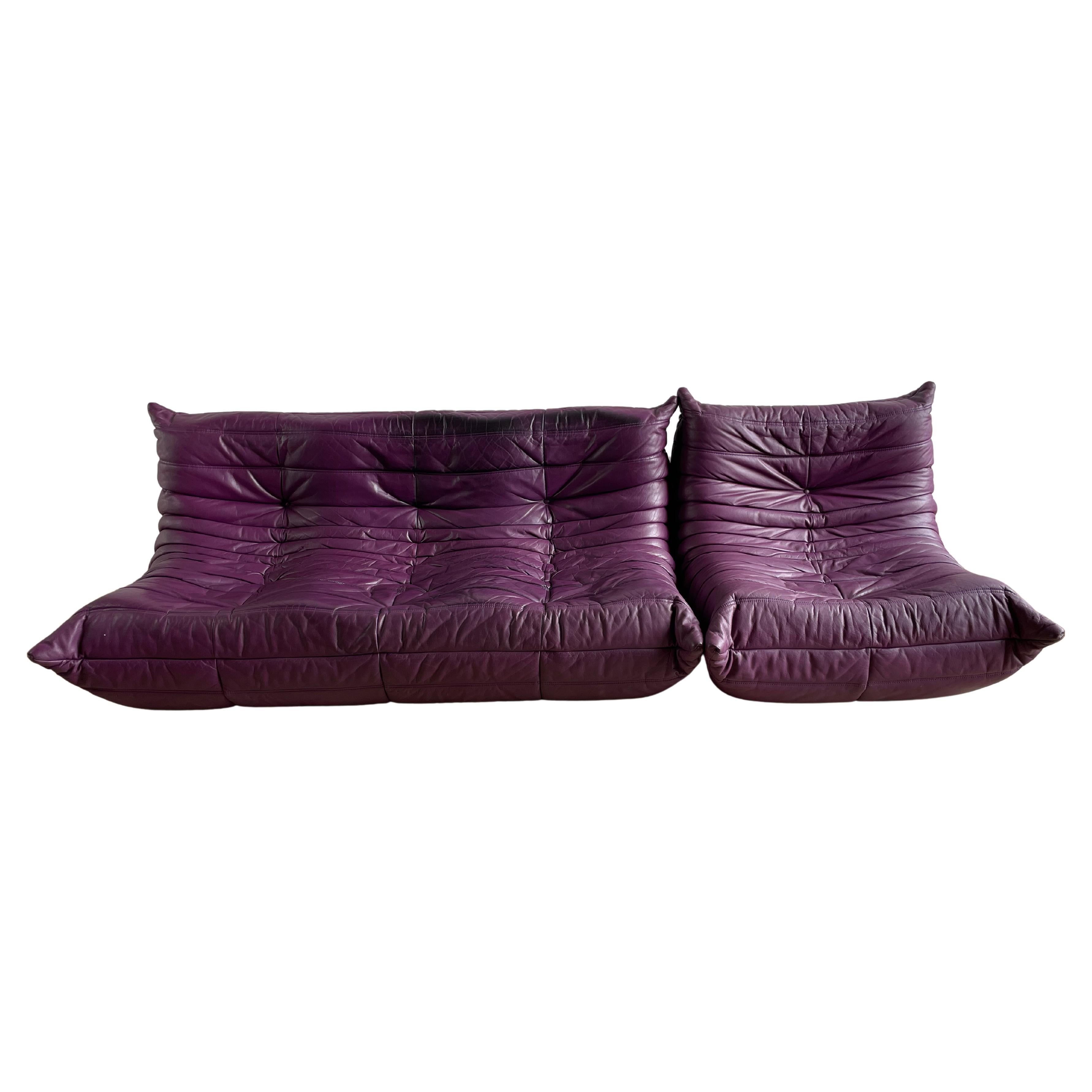 Ligne Roset by Michel Ducaroy Togo Burgundy Leather Modular Sofa Set of 2