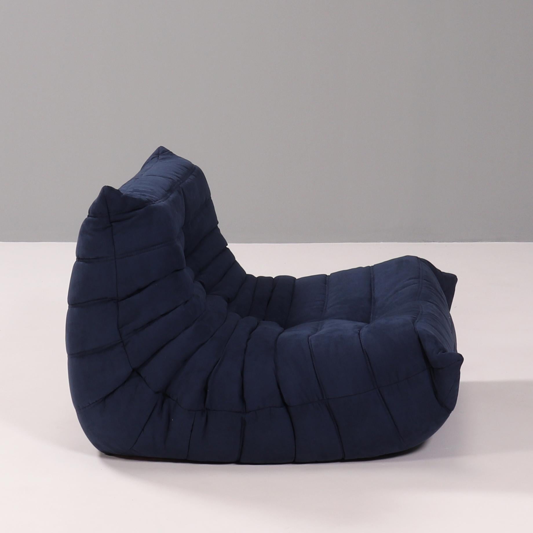 French Ligne Roset by Michel Ducaroy Togo Dark Blue Armchair and Footstool, Set of 2 For Sale
