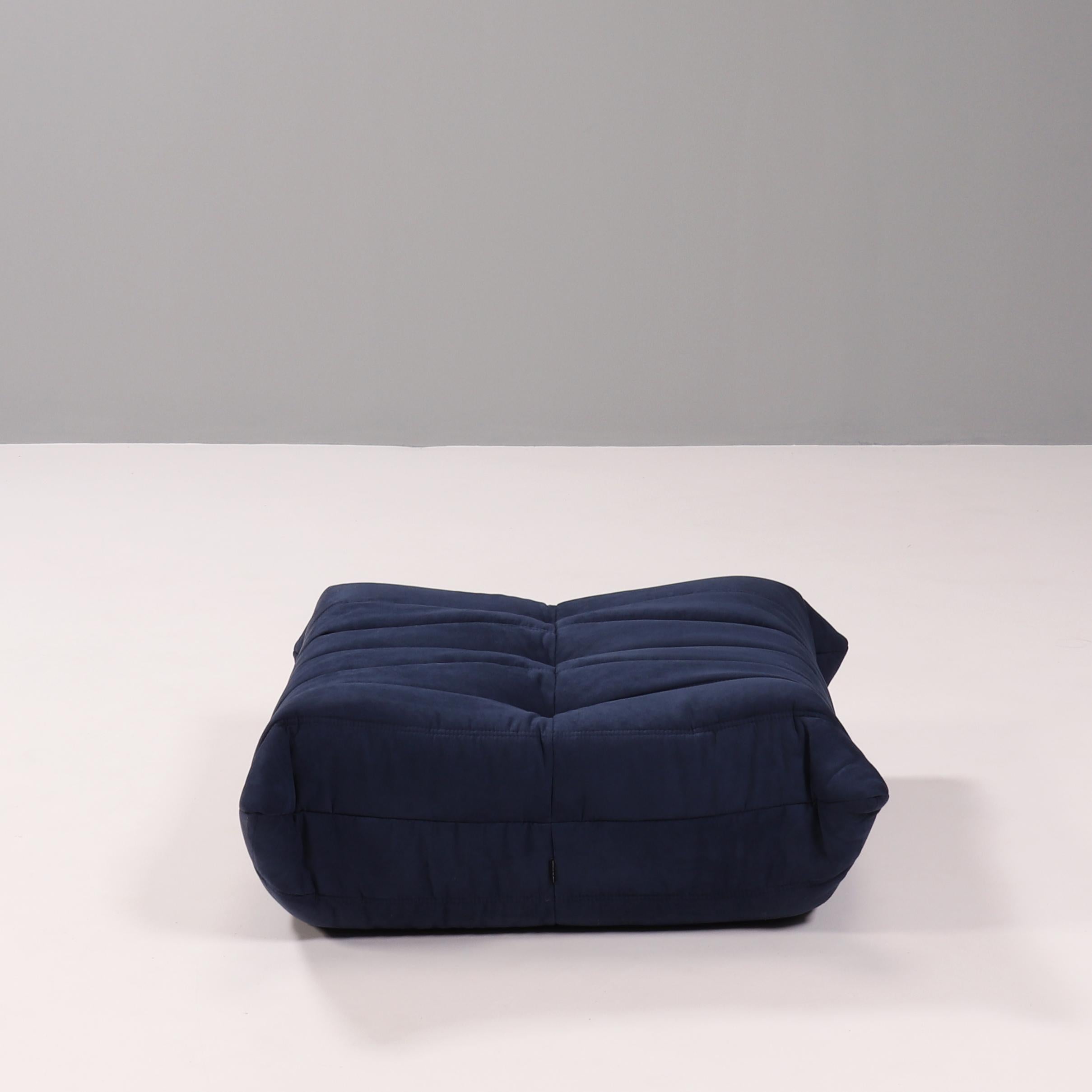 Late 20th Century Ligne Roset by Michel Ducaroy Togo Dark Blue Armchair and Footstool, Set of 2 For Sale