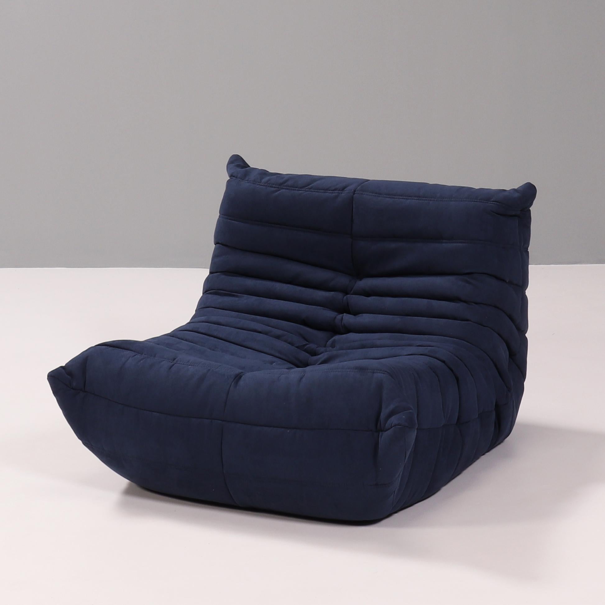 Fabric Ligne Roset by Michel Ducaroy Togo Dark Blue Armchair and Footstool, Set of 2 For Sale