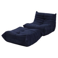 Used Ligne Roset by Michel Ducaroy Togo Dark Blue Armchair and Footstool, Set of 2