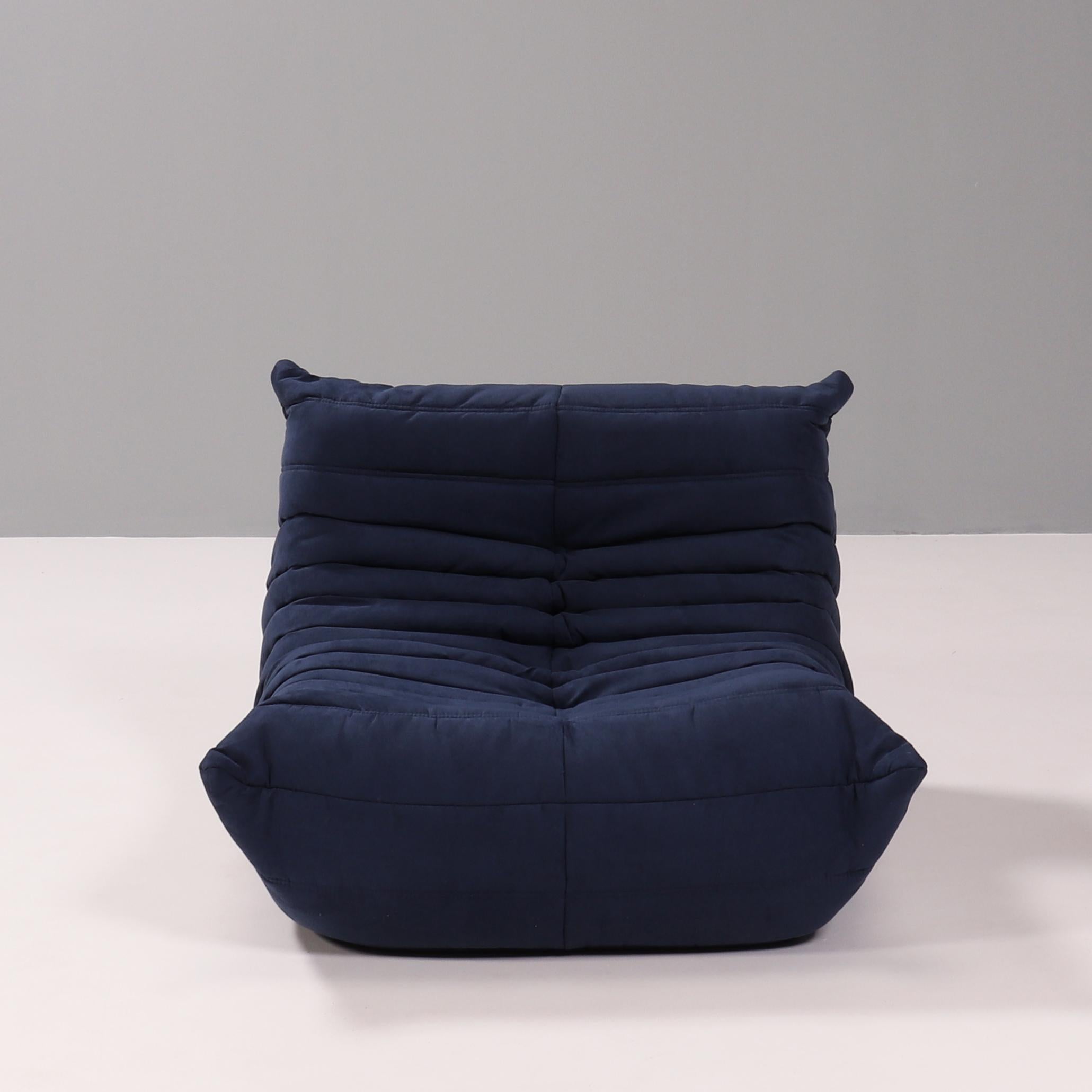 Mid-Century Modern Ligne Roset by Michel Ducaroy Togo Dark Blue Armchair and Footstool, Set of Two