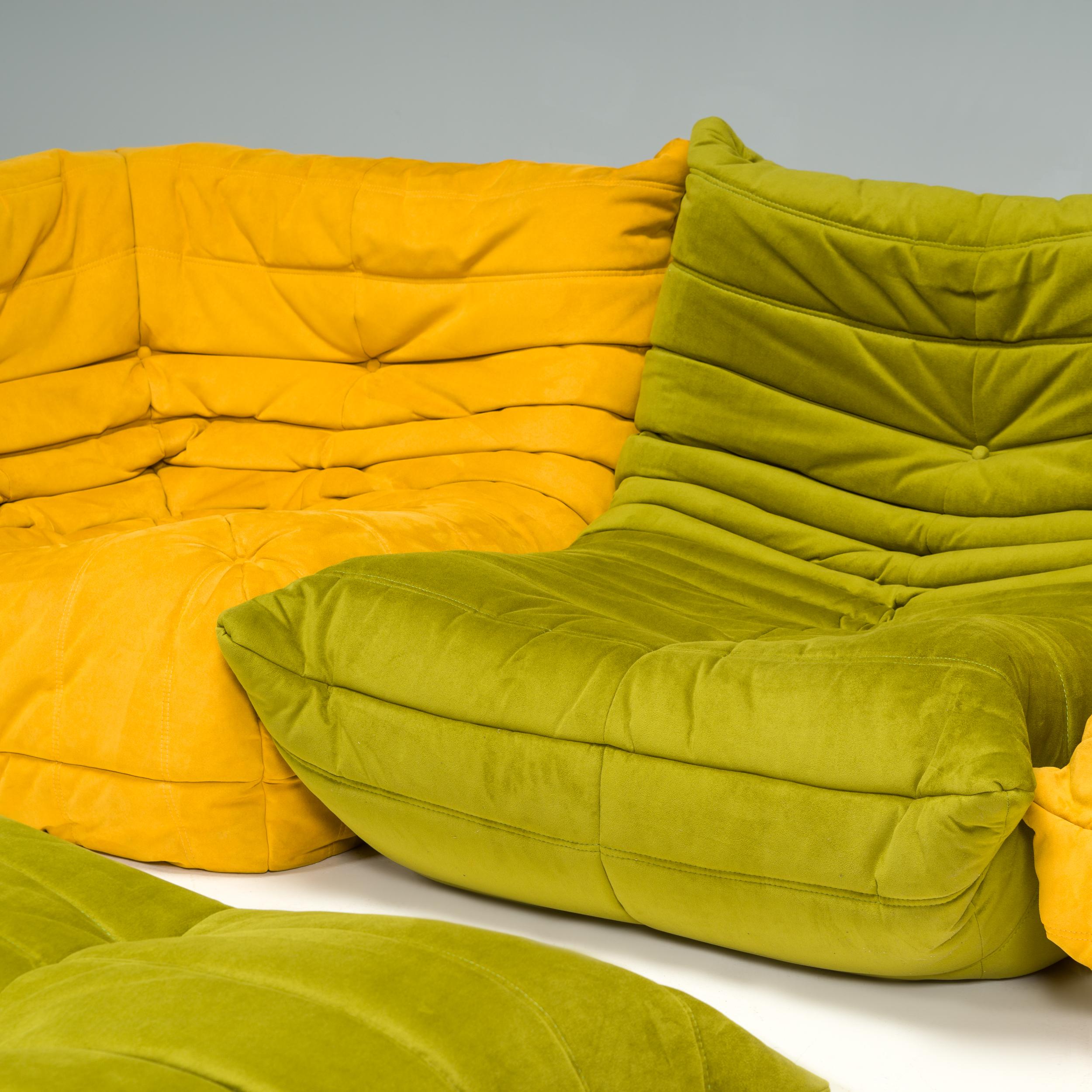 Ligne Roset by Michel Ducaroy Togo Green Velvet Armchair and Footstool, Set of 2 In Good Condition In London, GB