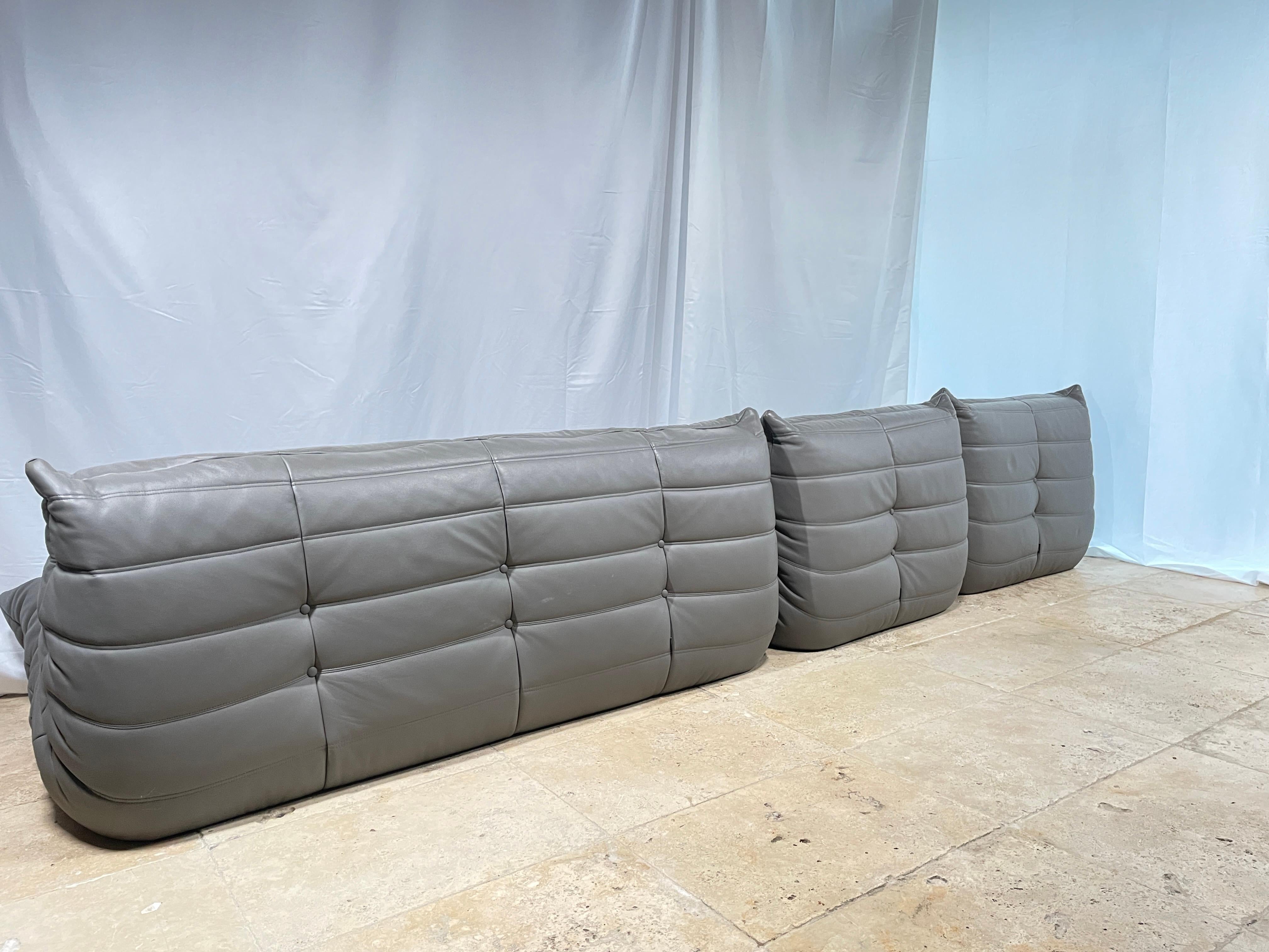 Mid-Century Modern Ligne Roset by Michel Ducaroy Togo Grey leather Modular Sofa Set of 3
