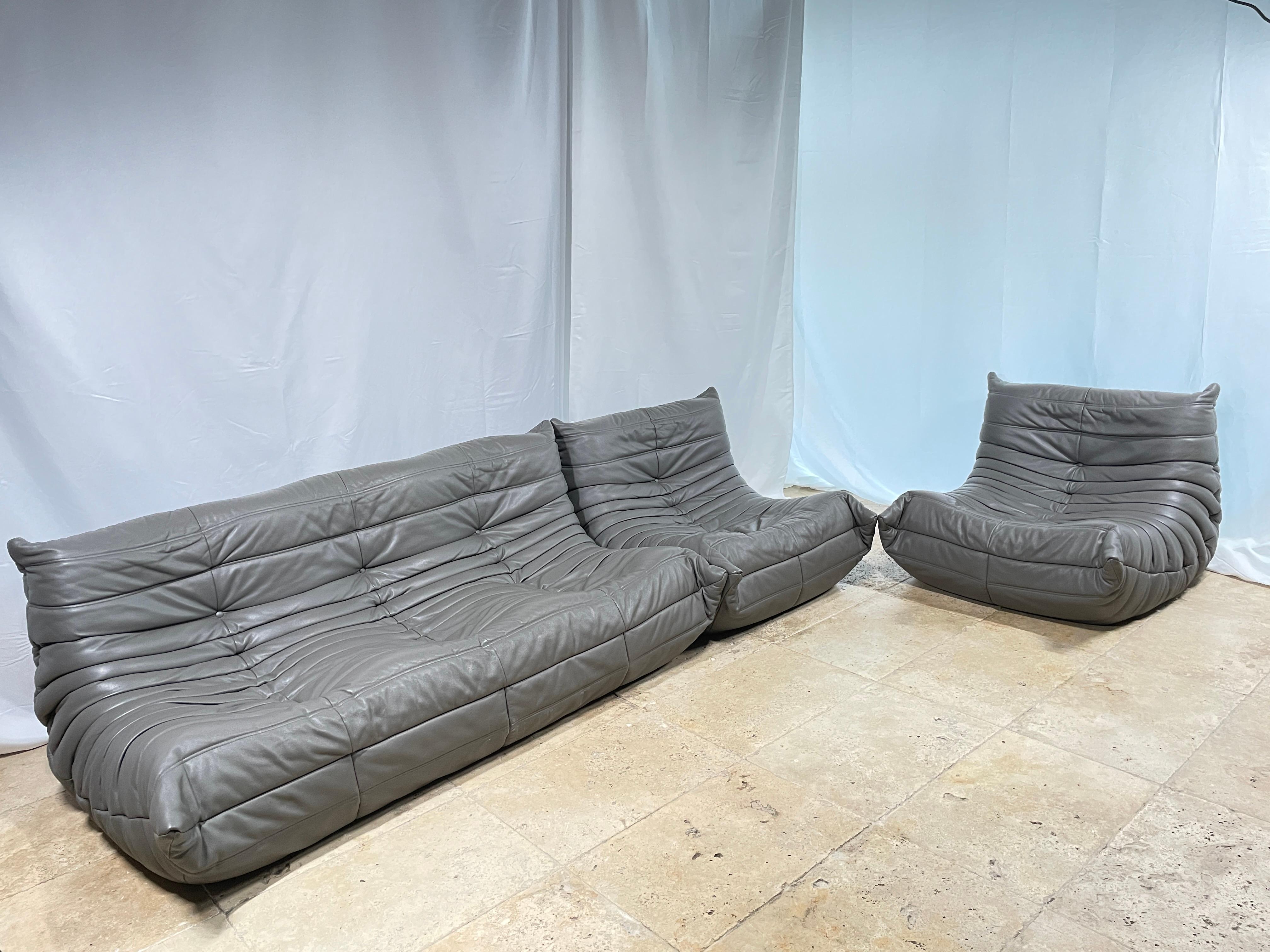 French Ligne Roset by Michel Ducaroy Togo Grey leather Modular Sofa Set of 3
