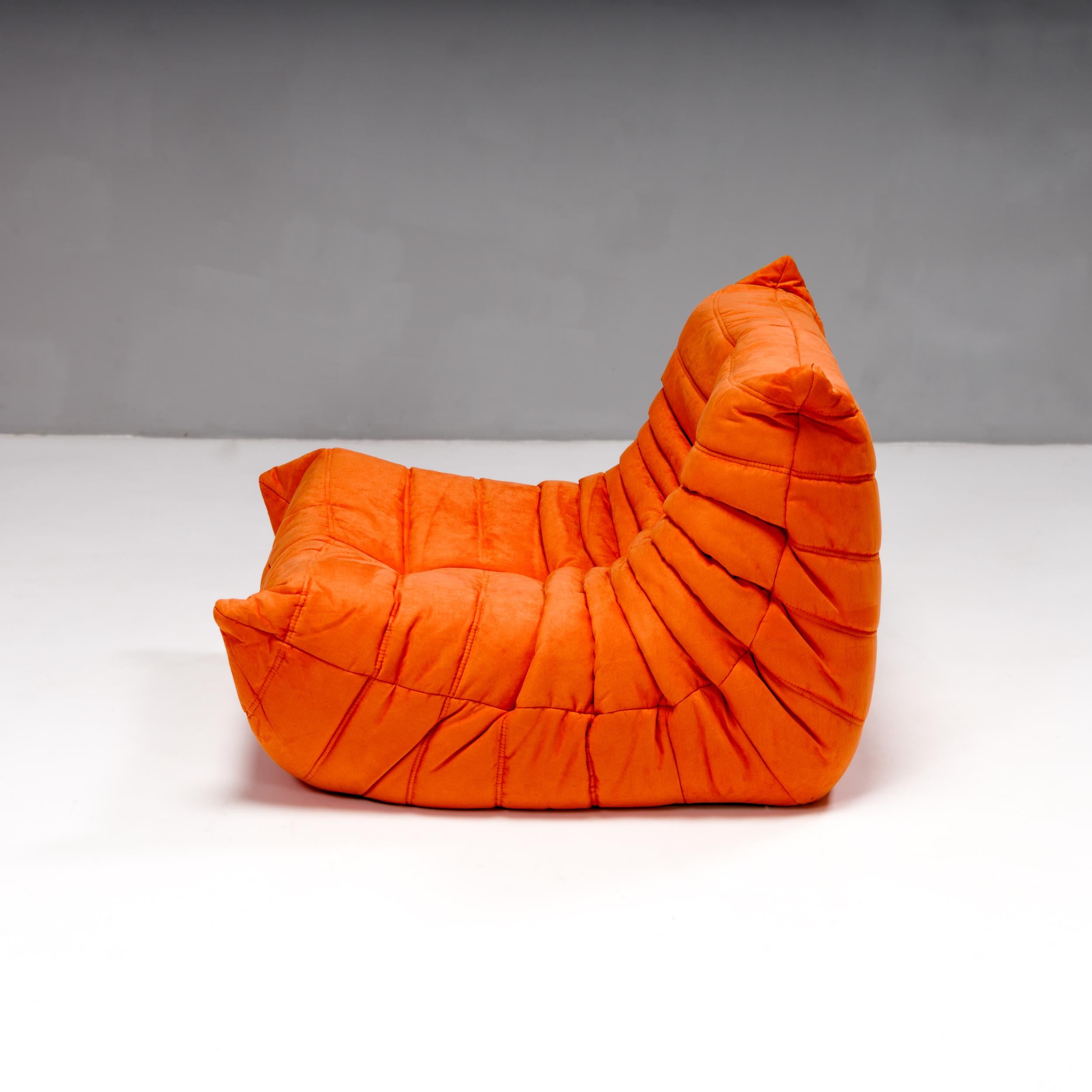 Late 20th Century Ligne Roset by Michel Ducaroy Togo Orange Armchair and Footstool, Set of 2 For Sale