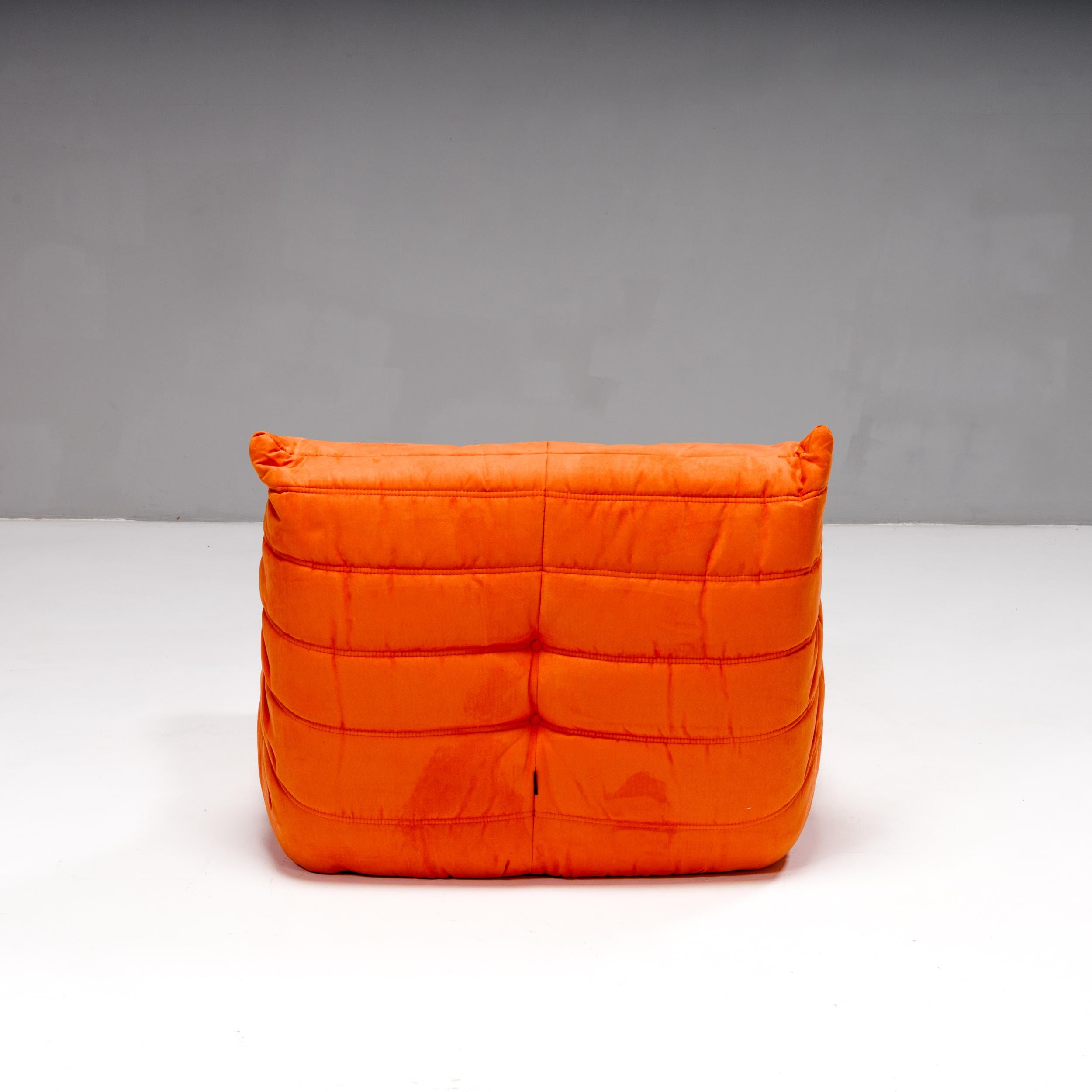 Late 20th Century Ligne Roset by Michel Ducaroy Togo Orange Armchair and Footstool, Set of 2 For Sale