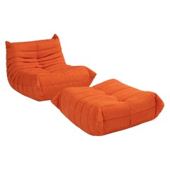 Ligne Roset by Michel Ducaroy Togo Orange Armchair and Footstool, Set of Two