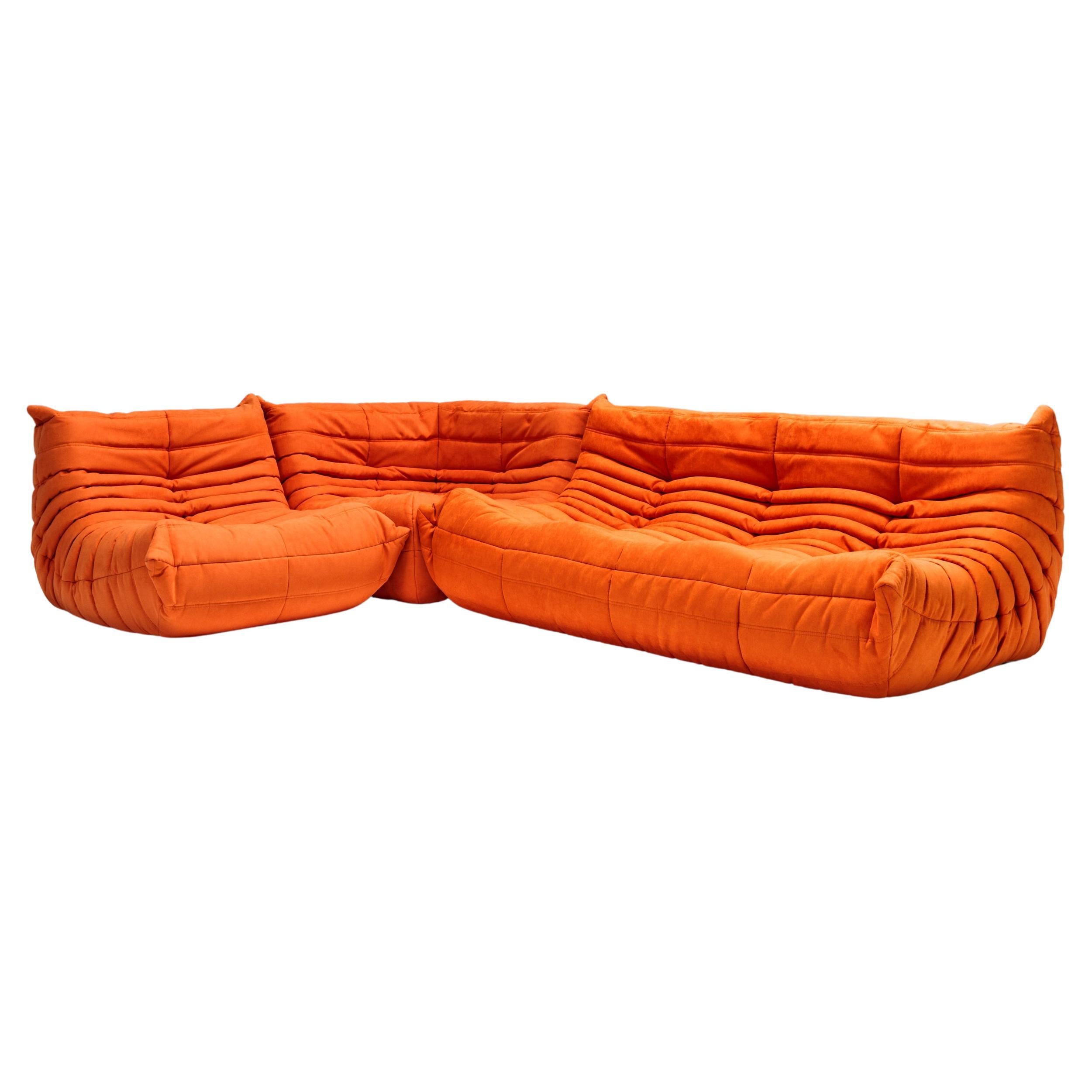 Ligne Roset by Michel Ducaroy Togo Orange Corner Modular Sofa, Set of 3 For Sale