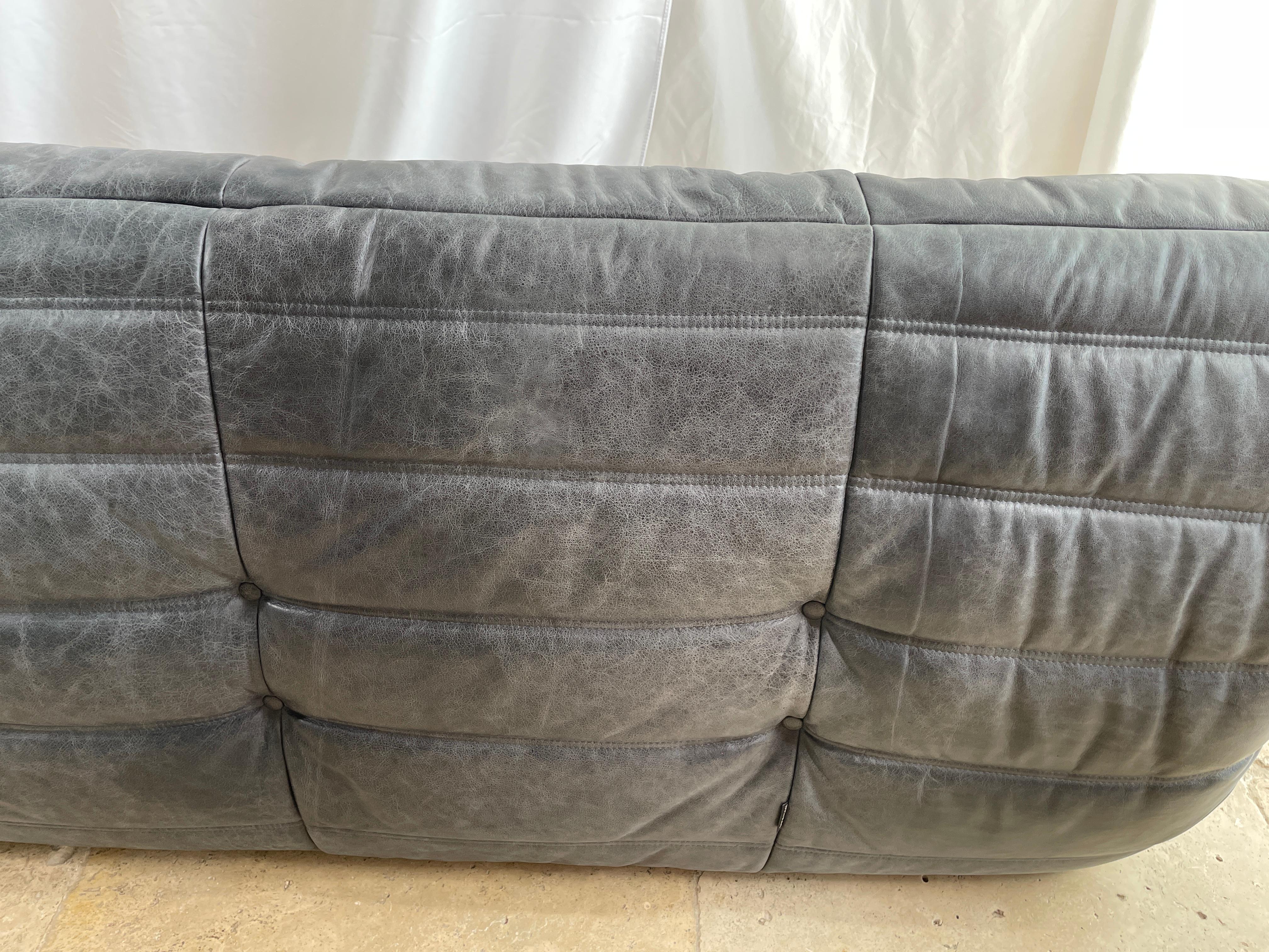 Late 20th Century Ligne Roset by Michel Ducaroy Togo Payne Grey Leather Modular Sofa Set of 5
