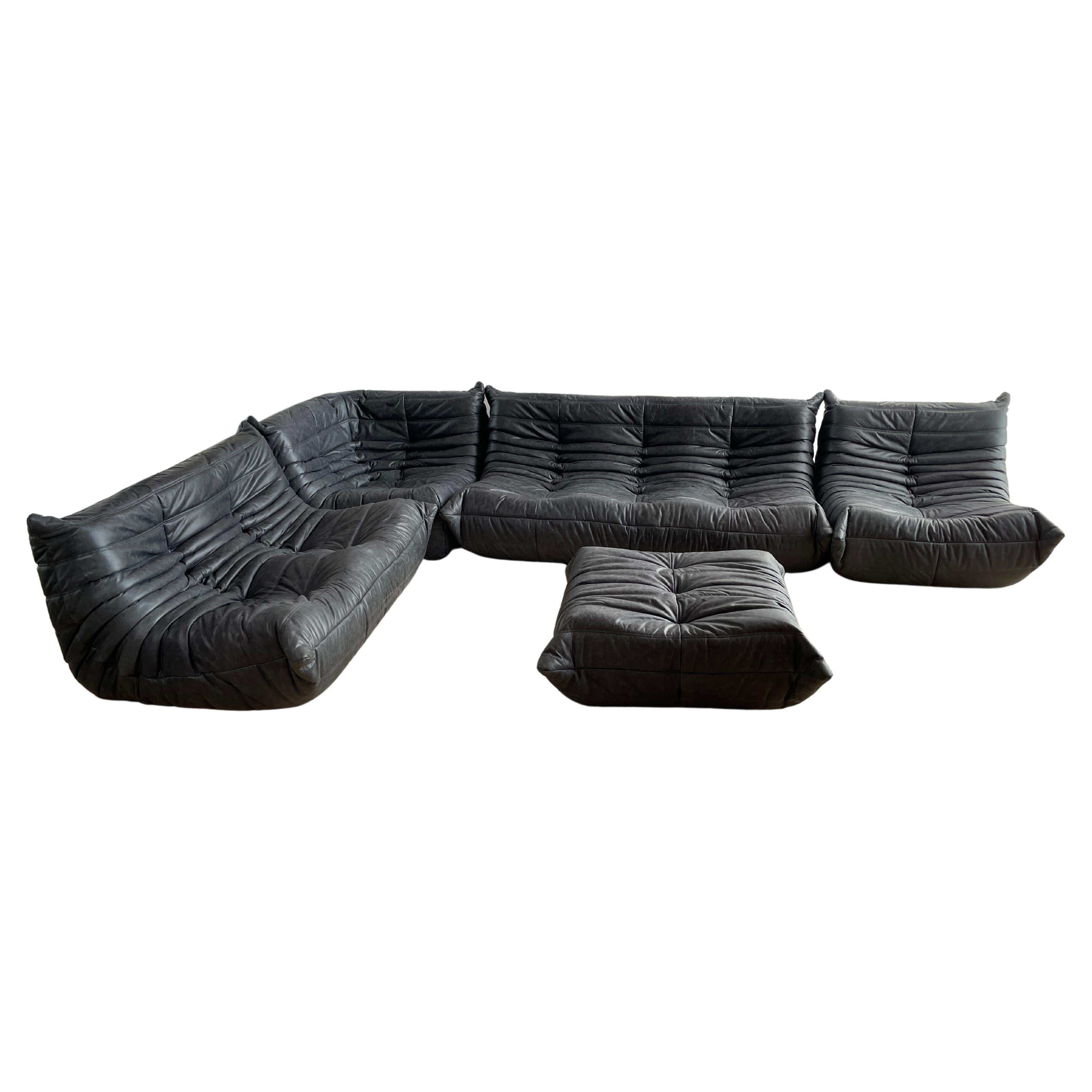 Ligne Roset by Michel Ducaroy Togo Payne Grey Leather Modular Sofa Set of 5