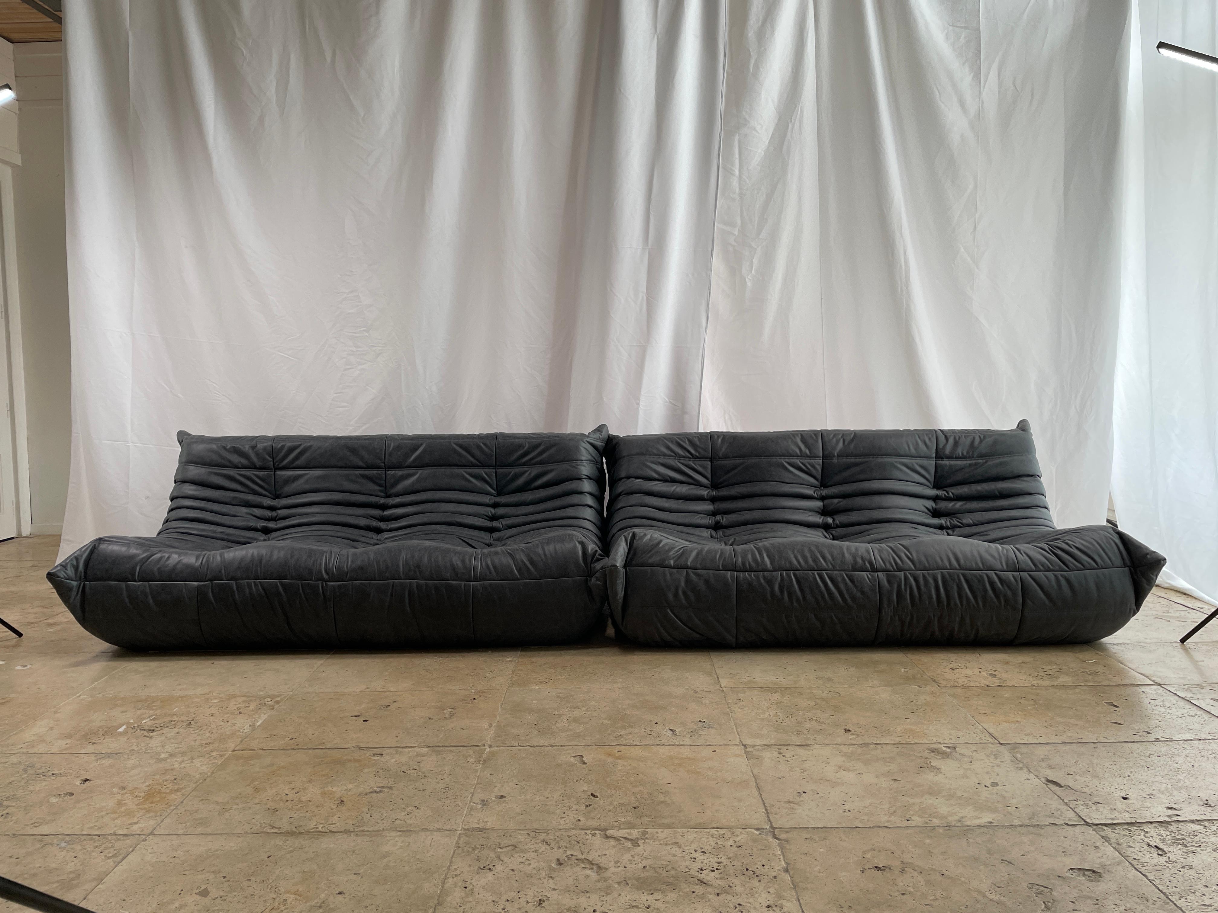 Ligne Roset by Michel Ducaroy Togo Payne Grey Leather Modular Sofa Set of 6 2