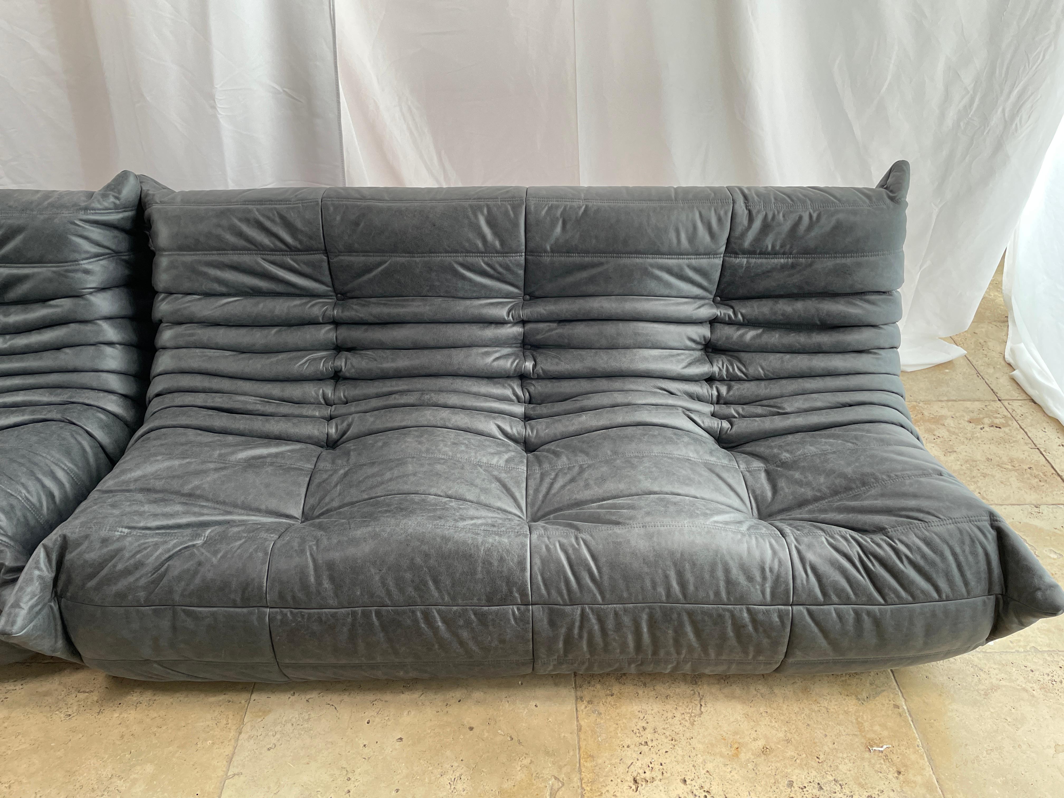 Ligne Roset by Michel Ducaroy Togo Payne Grey Leather Modular Sofa Set of 6 3