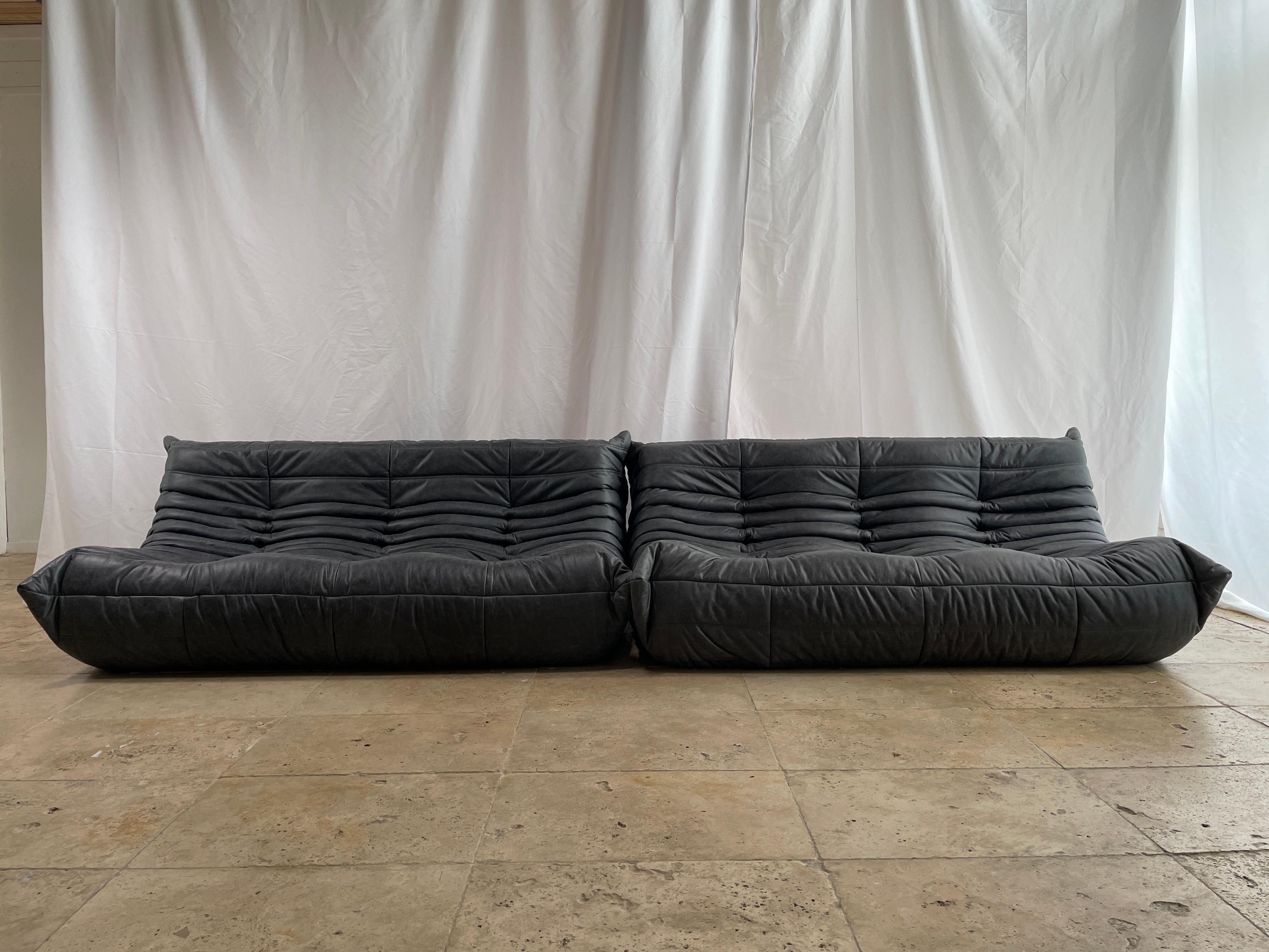 Ligne Roset by Michel Ducaroy Togo Payne Grey Leather Modular Sofa Set of 6 5