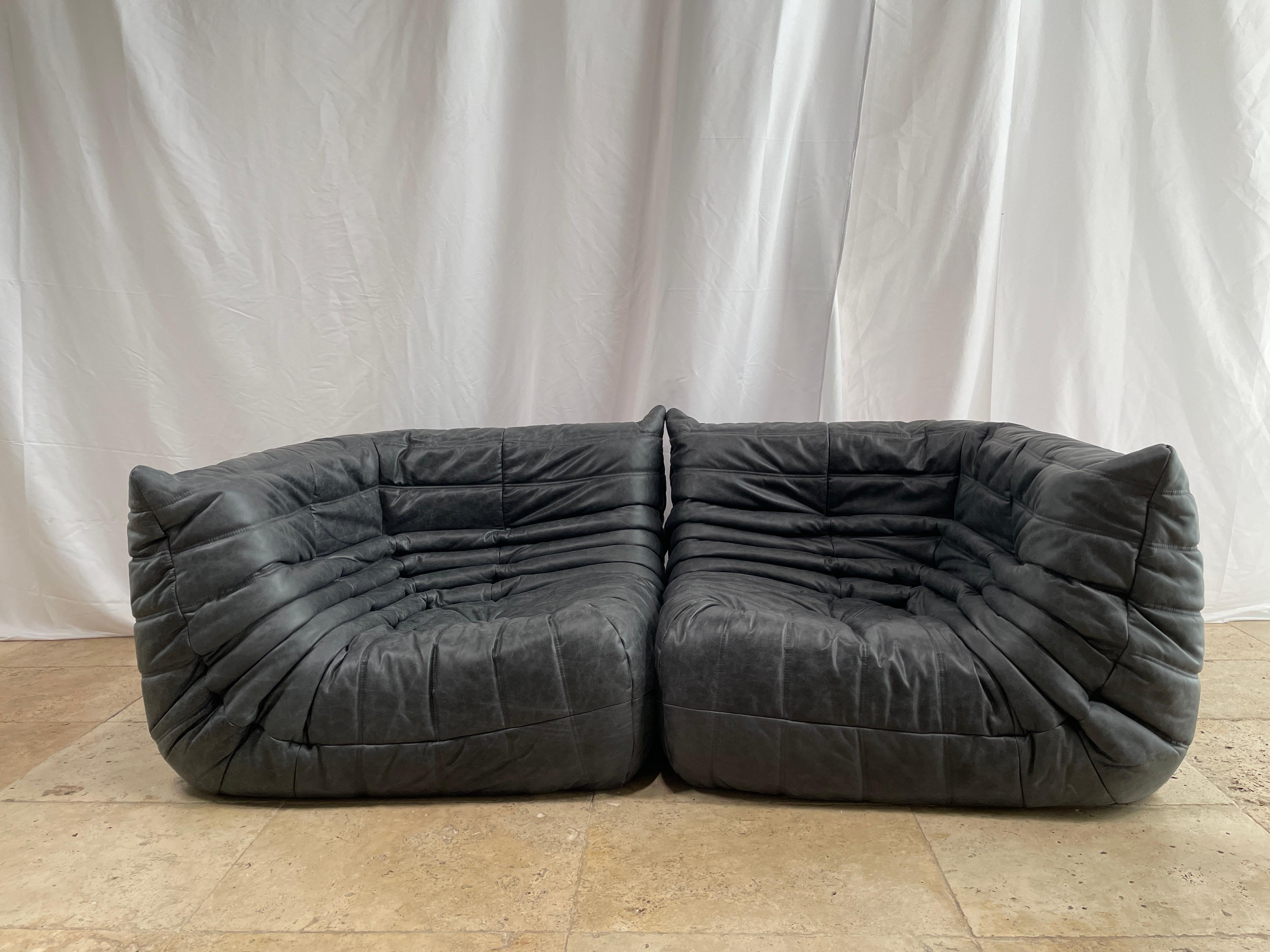 Mid-Century Modern Ligne Roset by Michel Ducaroy Togo Payne Grey Leather Modular Sofa Set of 6