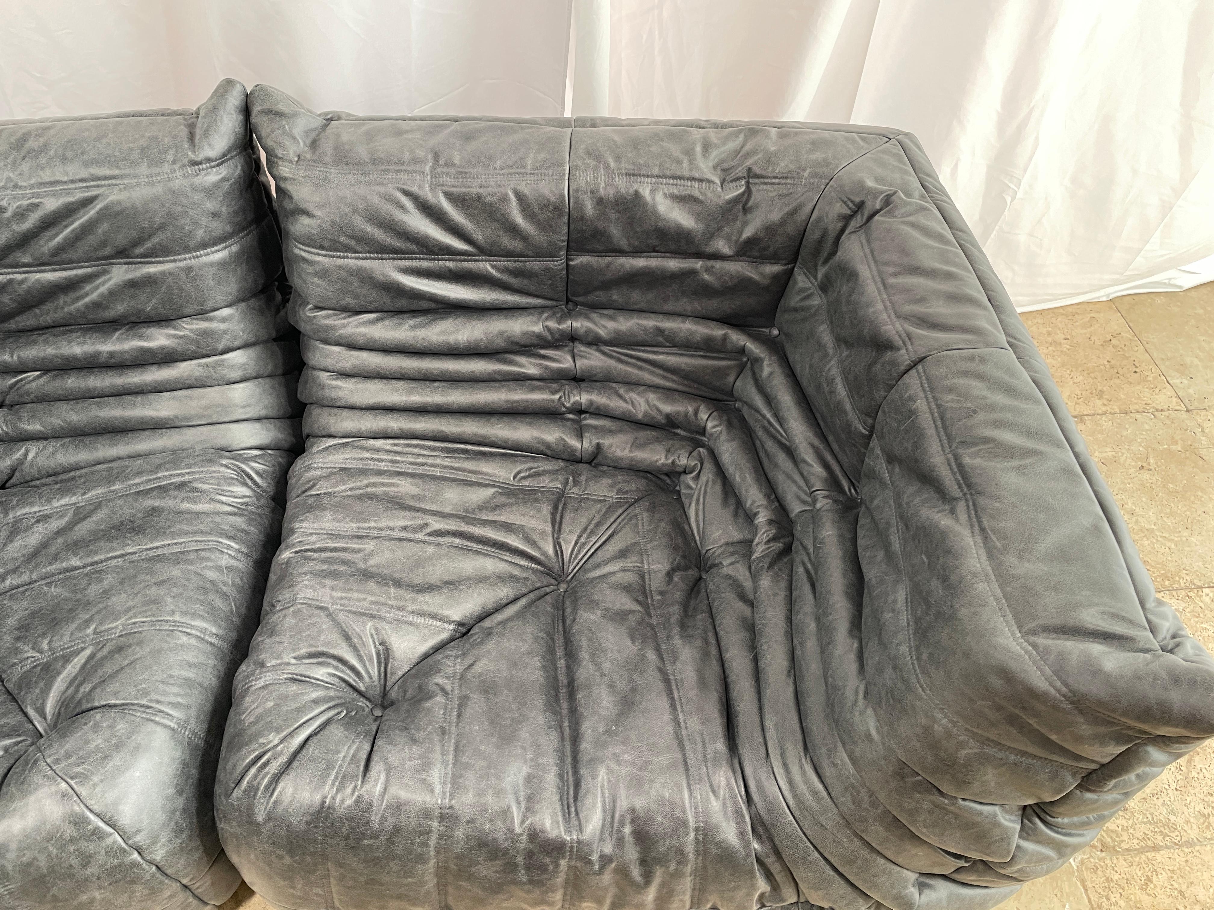 French Ligne Roset by Michel Ducaroy Togo Payne Grey Leather Modular Sofa Set of 6
