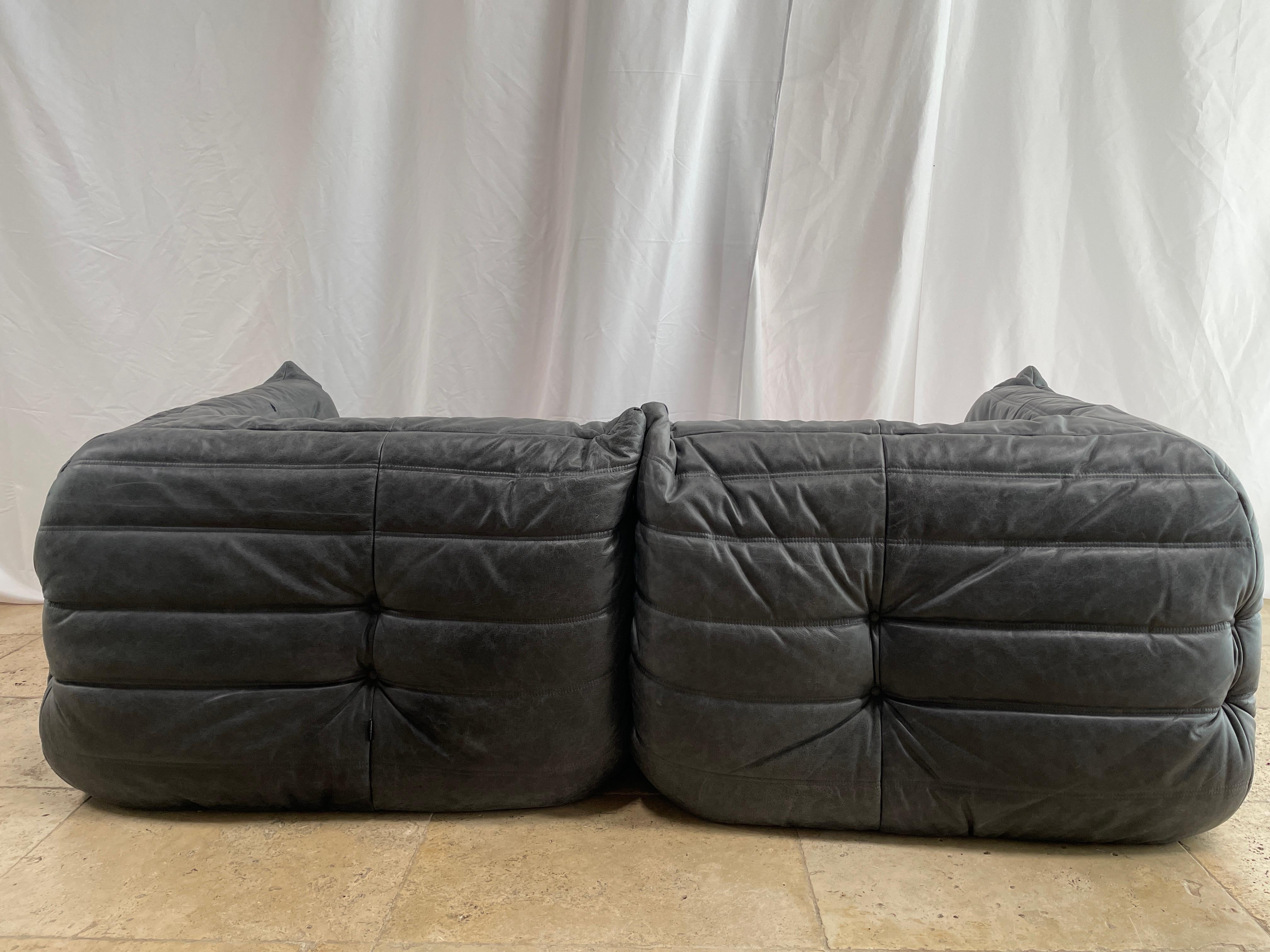 Ligne Roset by Michel Ducaroy Togo Payne Grey Leather Modular Sofa Set of 6 In Good Condition In Malibu, US