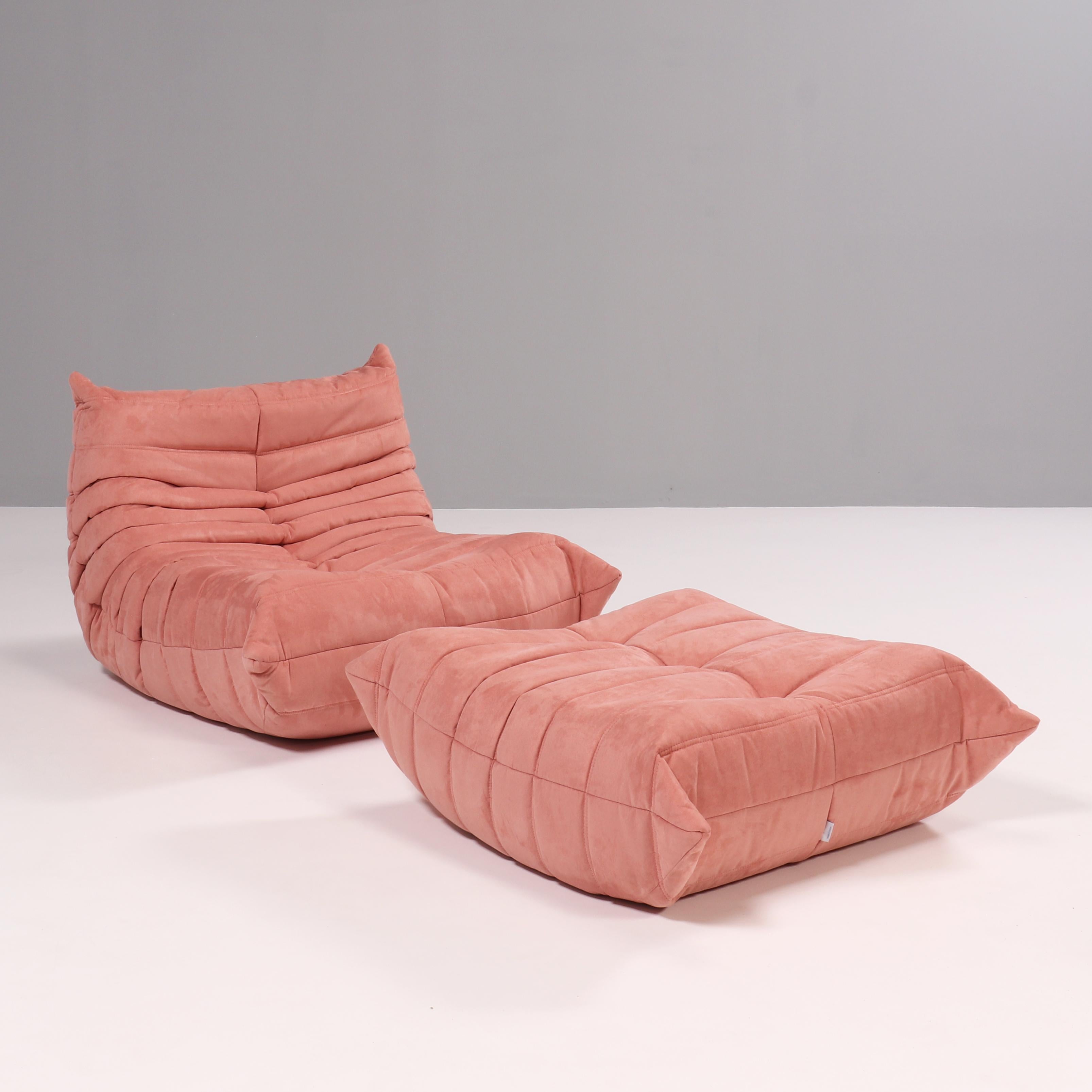 French Ligne Roset by Michel Ducaroy Togo Pink Armchair and Footstool, Set of 2