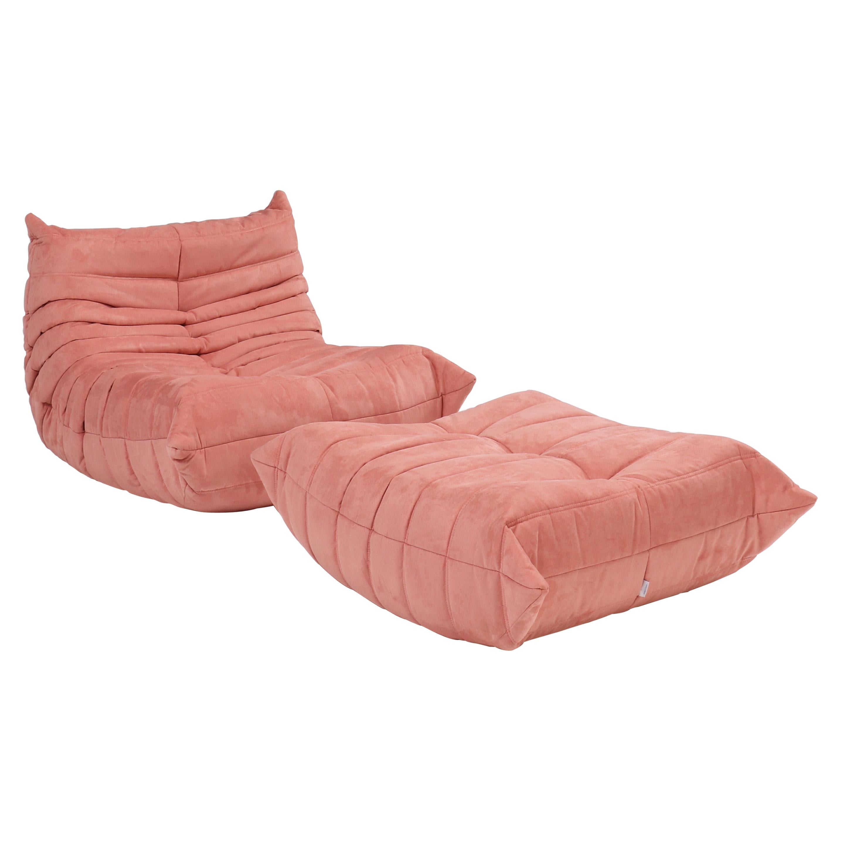 Ligne Roset by Michel Ducaroy Togo Pink Armchair and Footstool, Set of Two